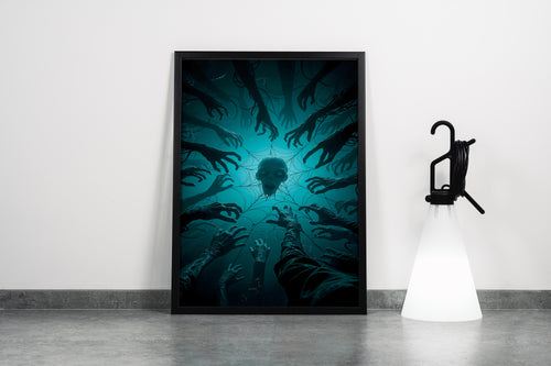 ai creation, hands wanting to pick up a skull caught in a spider web, ai art, art, kanvas tablo