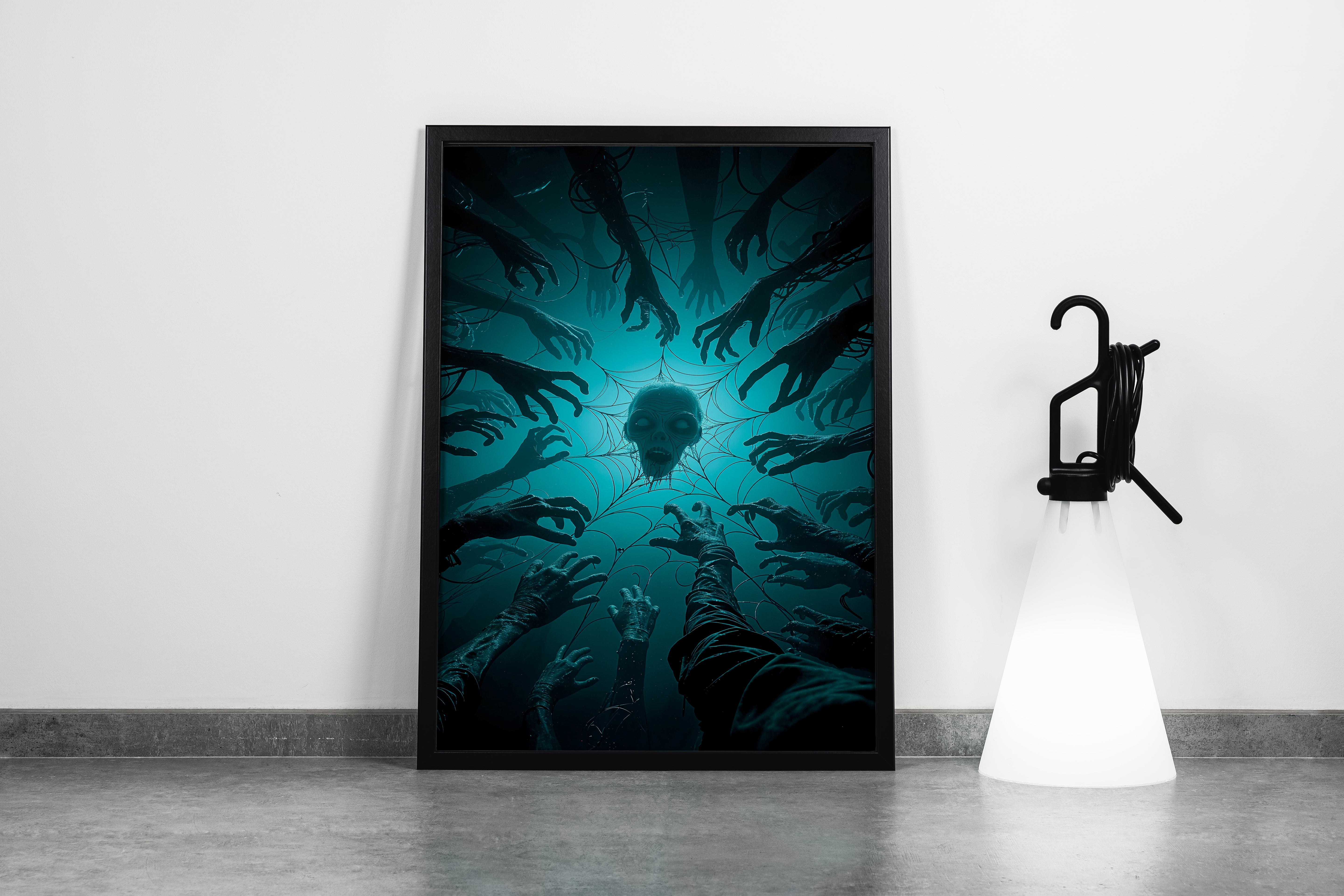 ai creation, hands wanting to pick up a skull caught in a spider web, ai art, art, kanvas tablo
