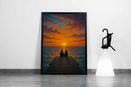 ai creation, lovers sitting on the pier watching the sunset, winter themed, art, kanvas tablo