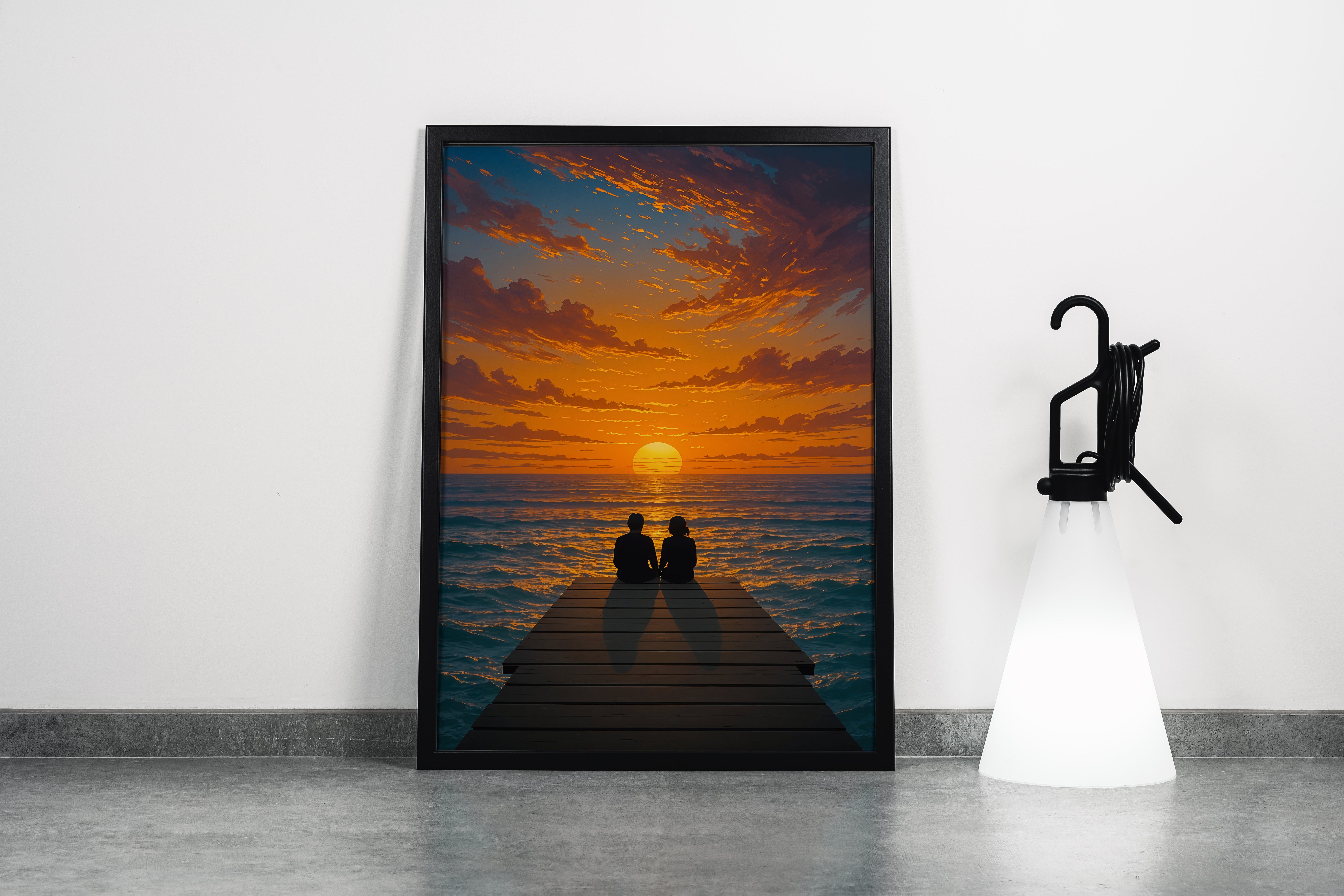 ai creation, lovers sitting on the pier watching the sunset, winter themed, art, kanvas tablo
