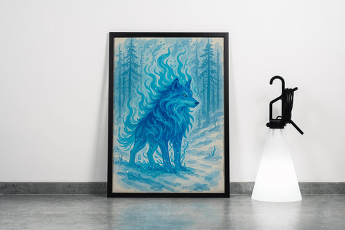 ai creation, blue fire themed wolf, ai art, art, kanvas tablo