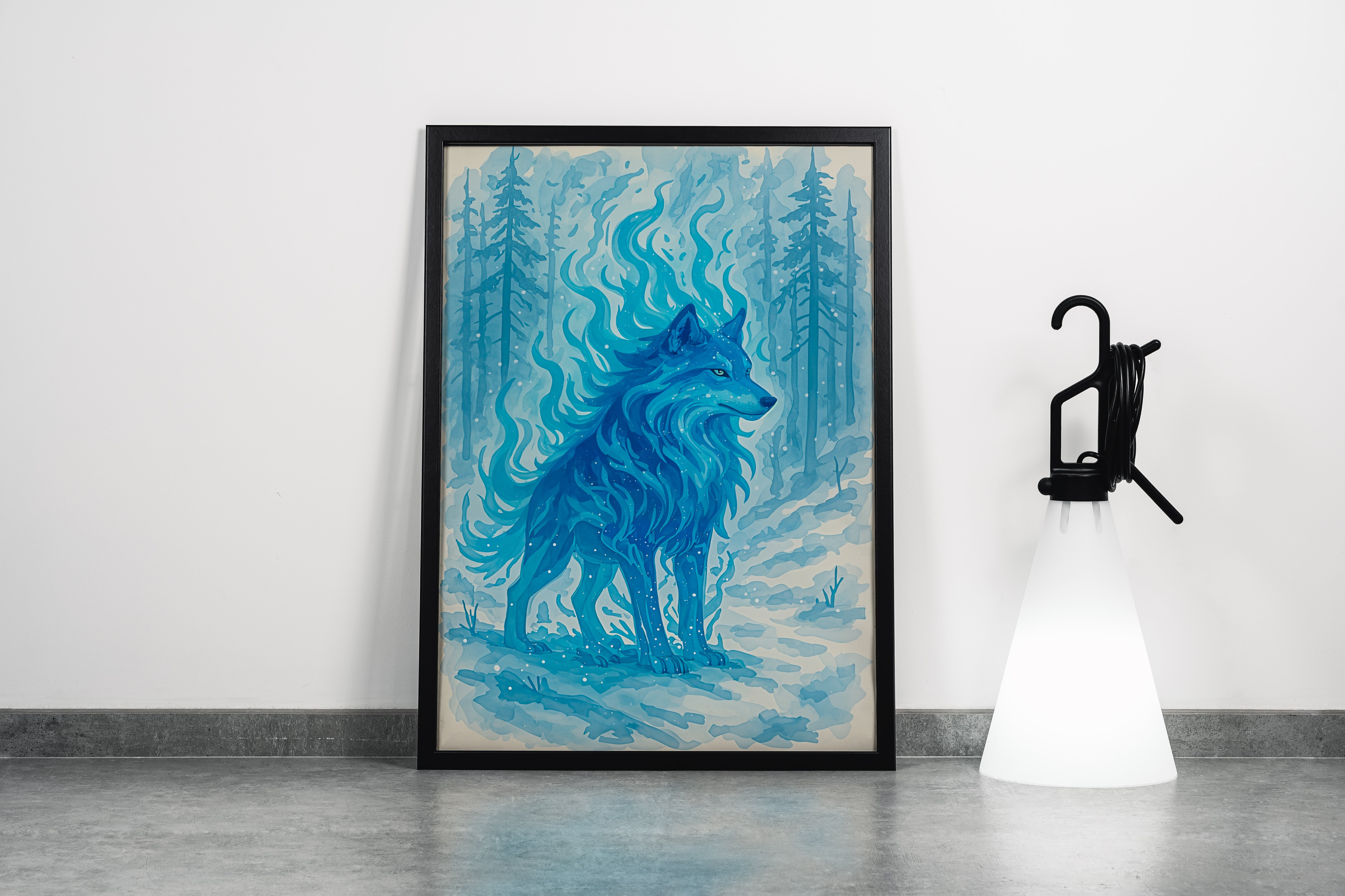ai creation, blue fire themed wolf, ai art, art, kanvas tablo