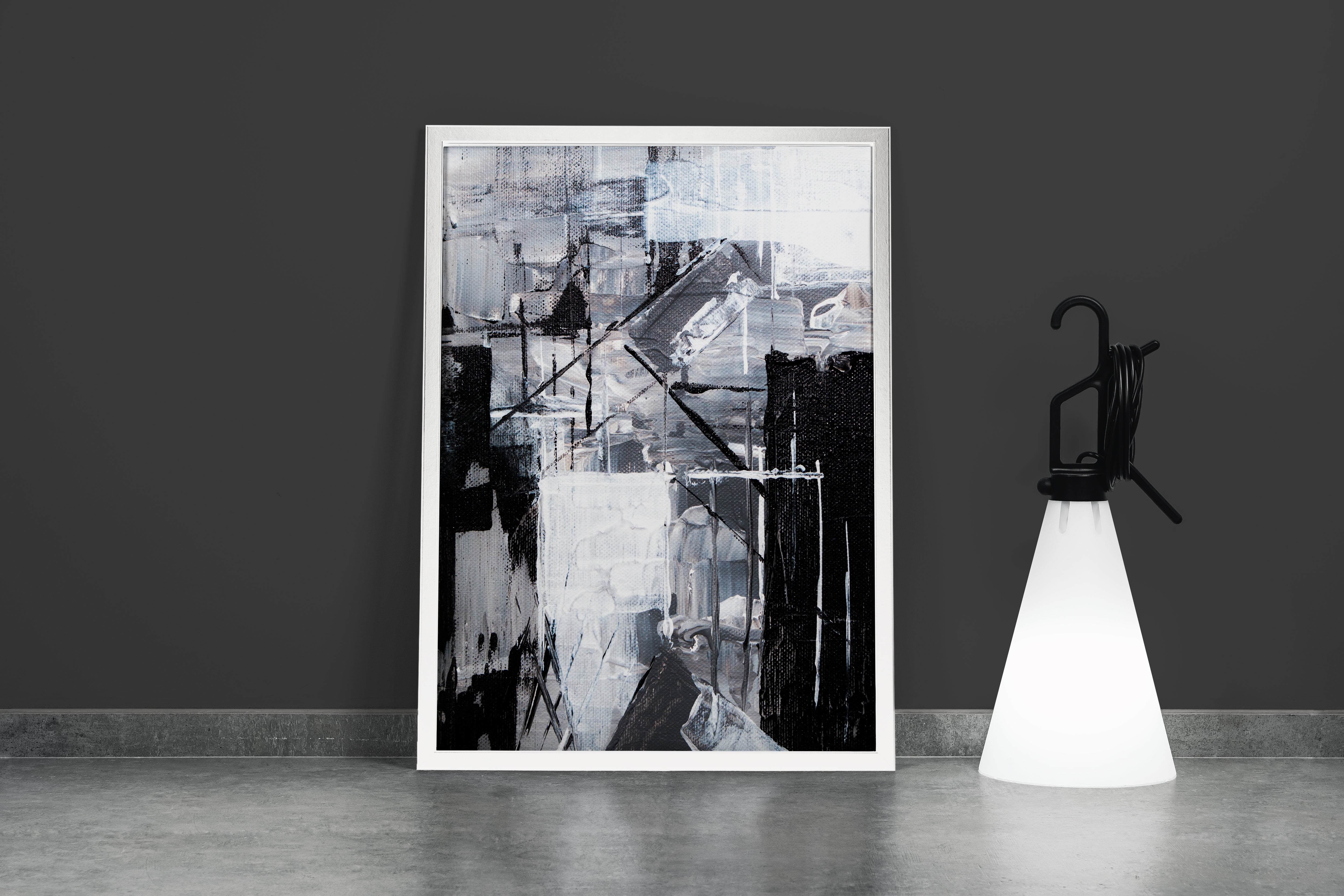a monochromatic abstract painting featuring bold black and white shapes with heavy textures, abstract, art, kanvas tablo