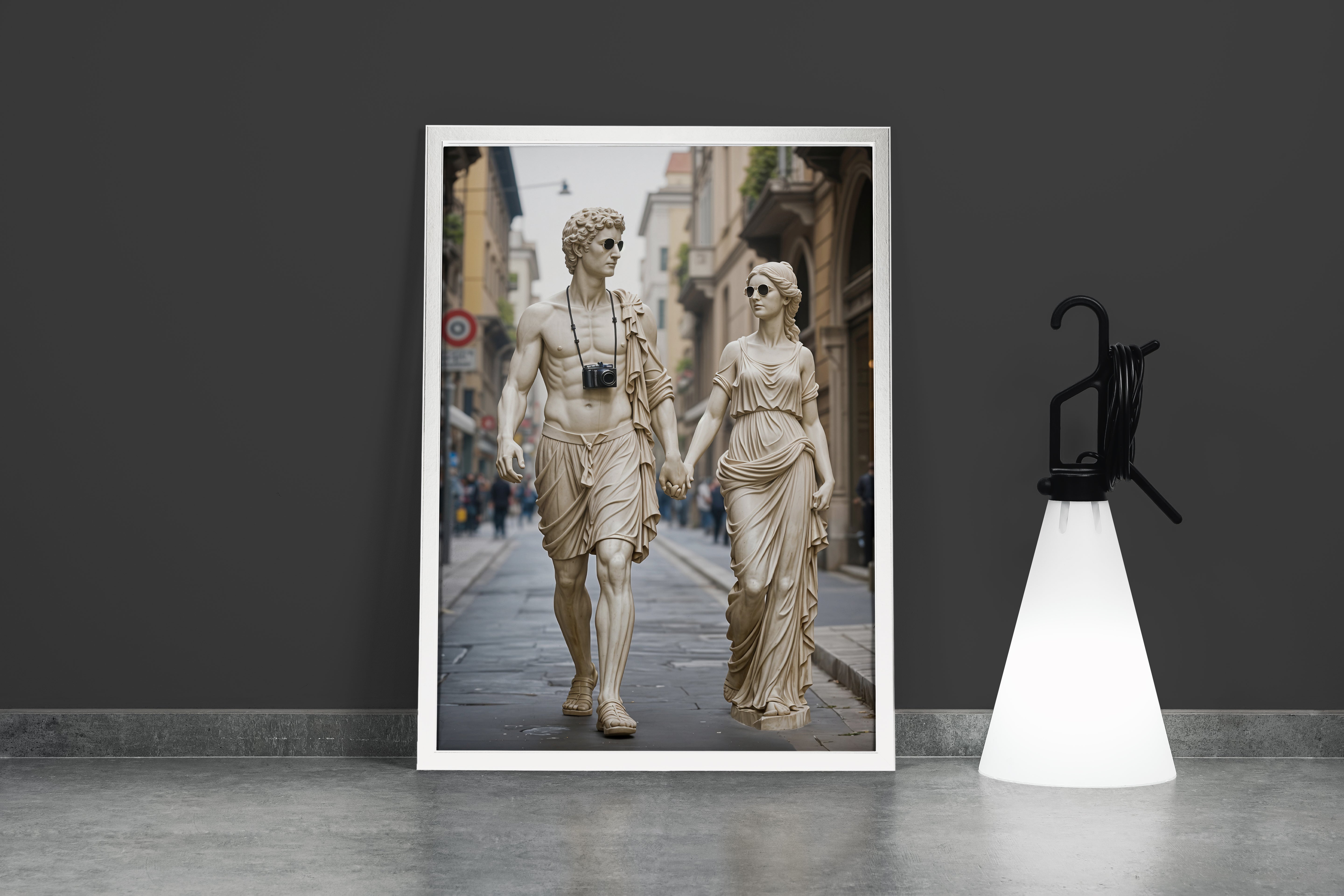 ai creation, ancient greek statues as modern tourists with sunglasses and a camera, ai art, art, kanvas tablo