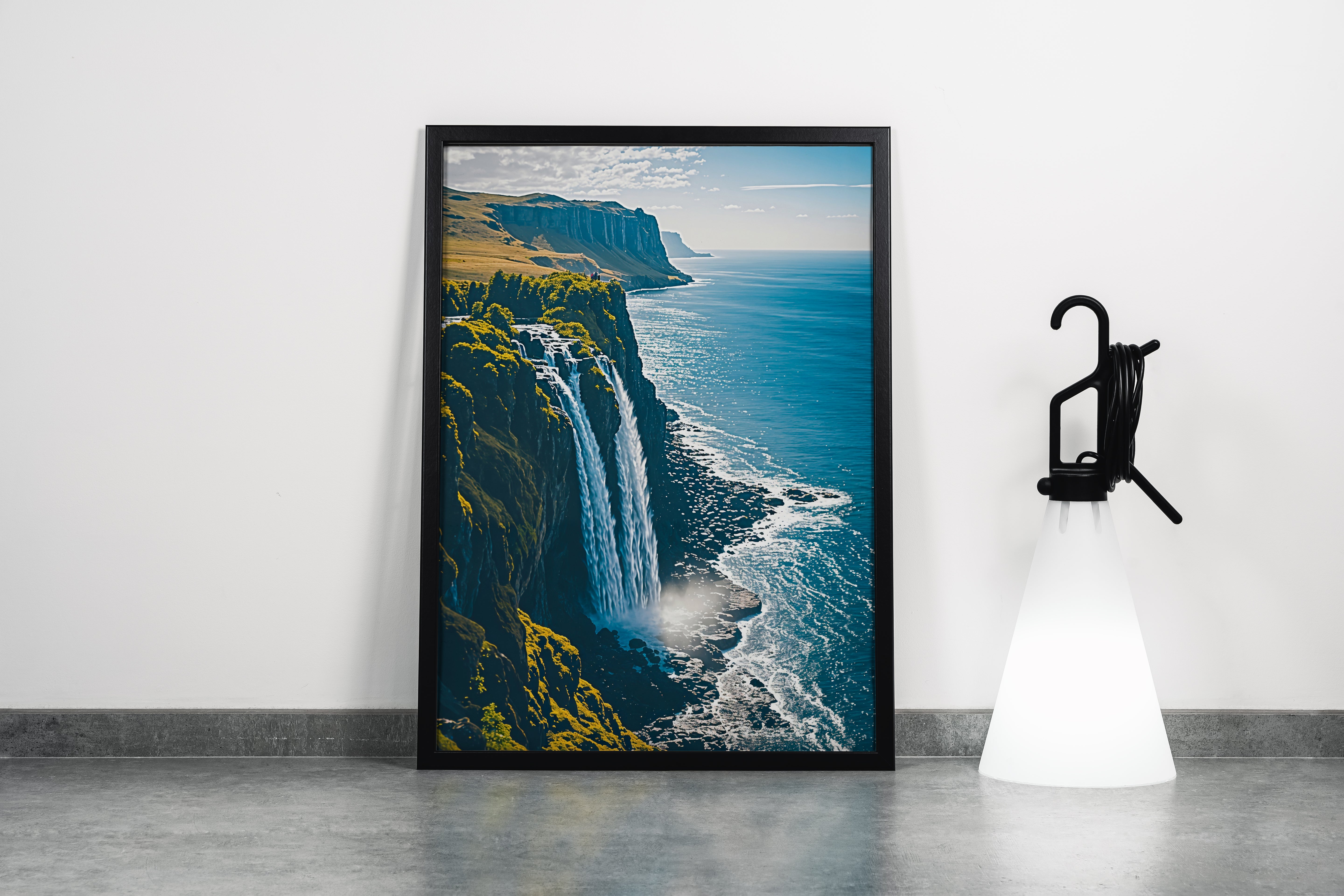 ai creation, waterfall flowing from a cliff into the sea, ai art, art, kanvas tablo