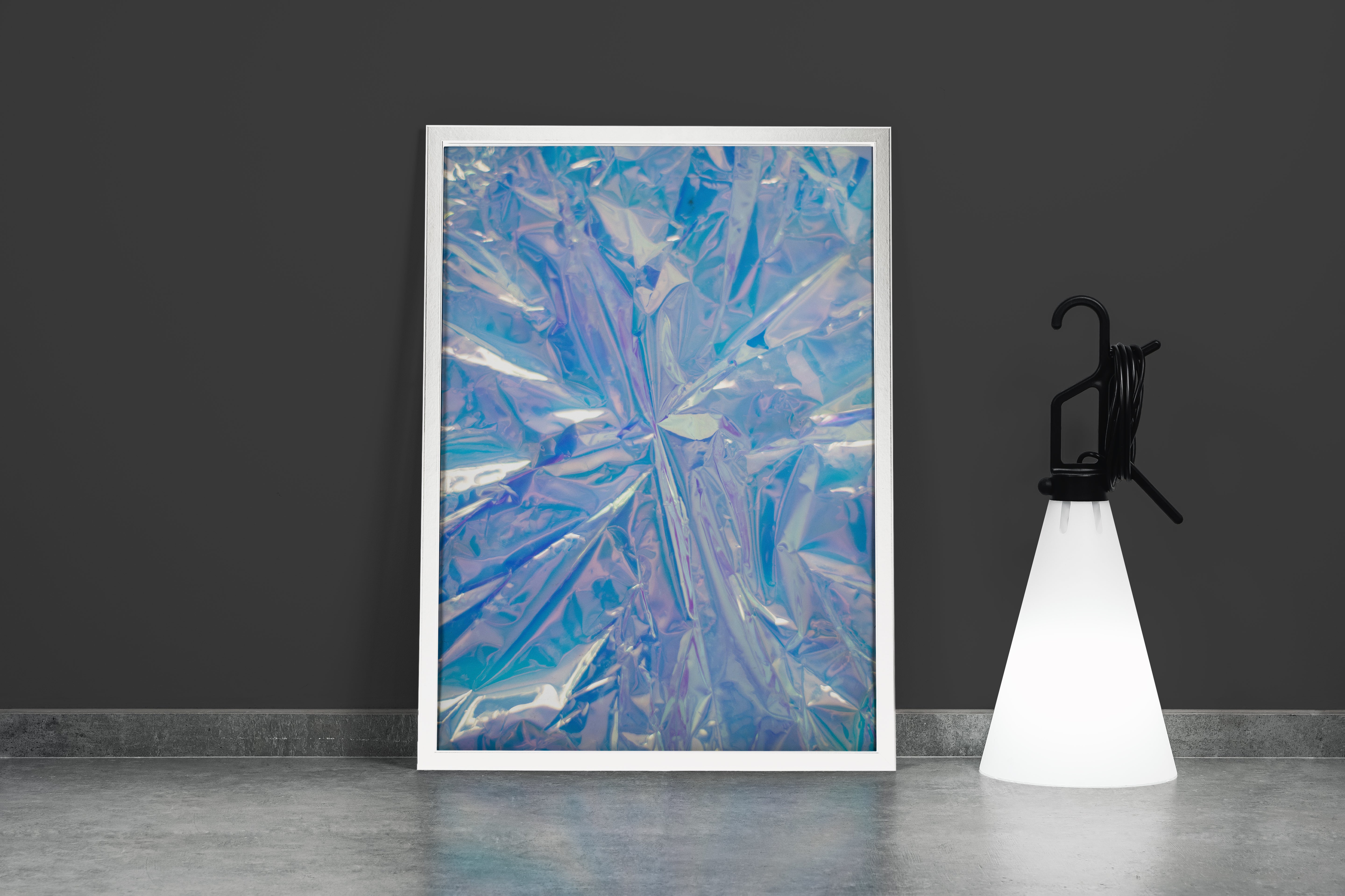 a close-up of a crumpled, futuristic holographic material with iridescent blue and purple reflections, abstract, art, kanvas tablo