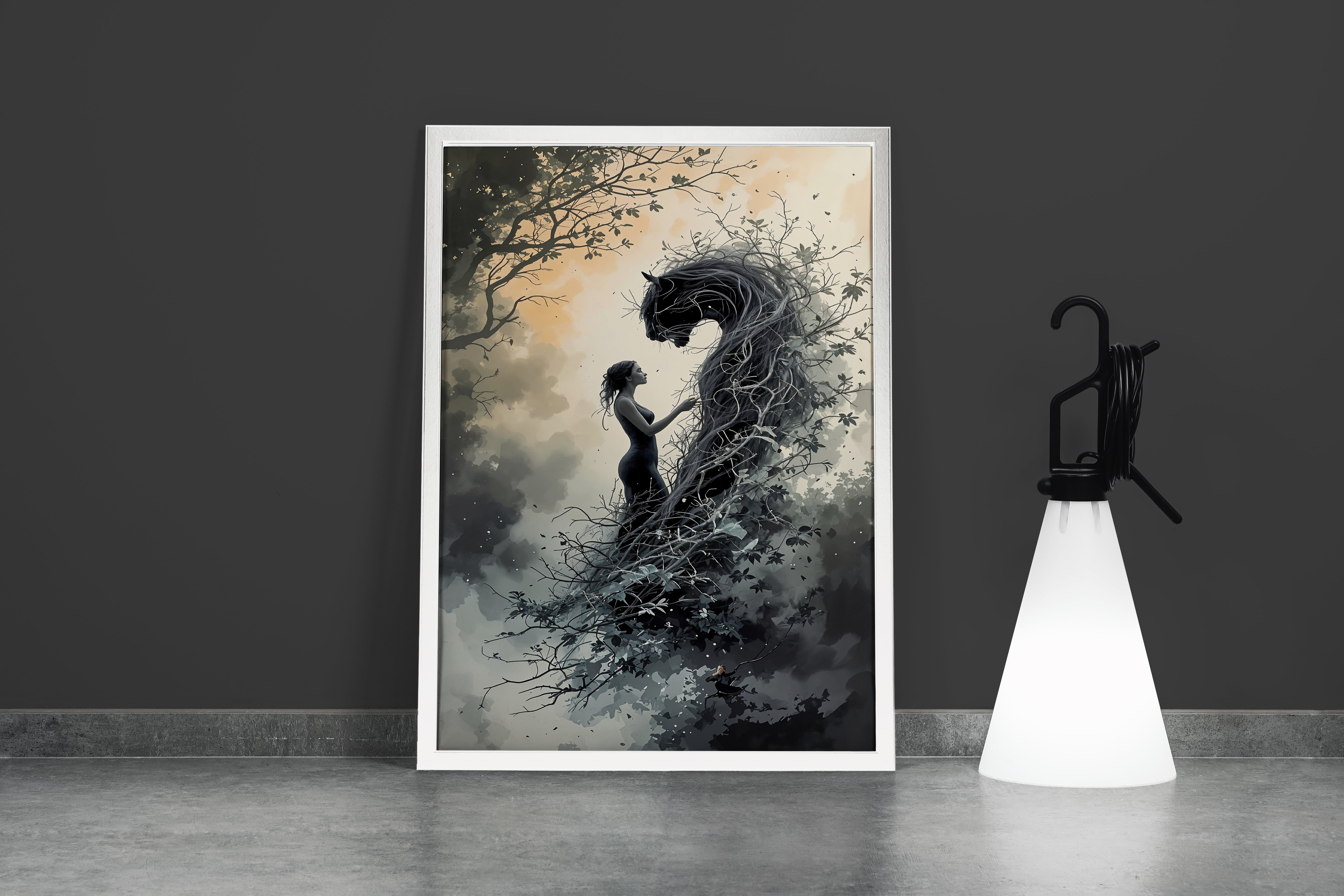 ai creation, black jaguar roaring through the darkness with woman in black, ai art, art, kanvas tablo
