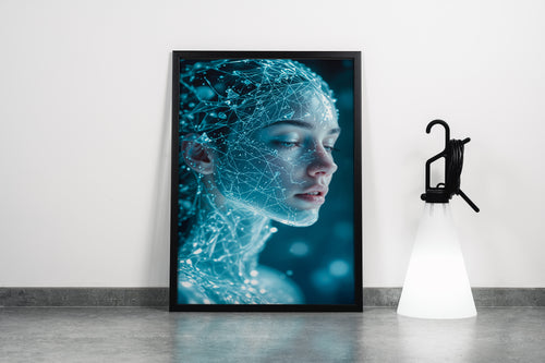 ai creation, a futuristic woman's face made of a glowing blue digital neural network, ai art, art, kanvas tablo