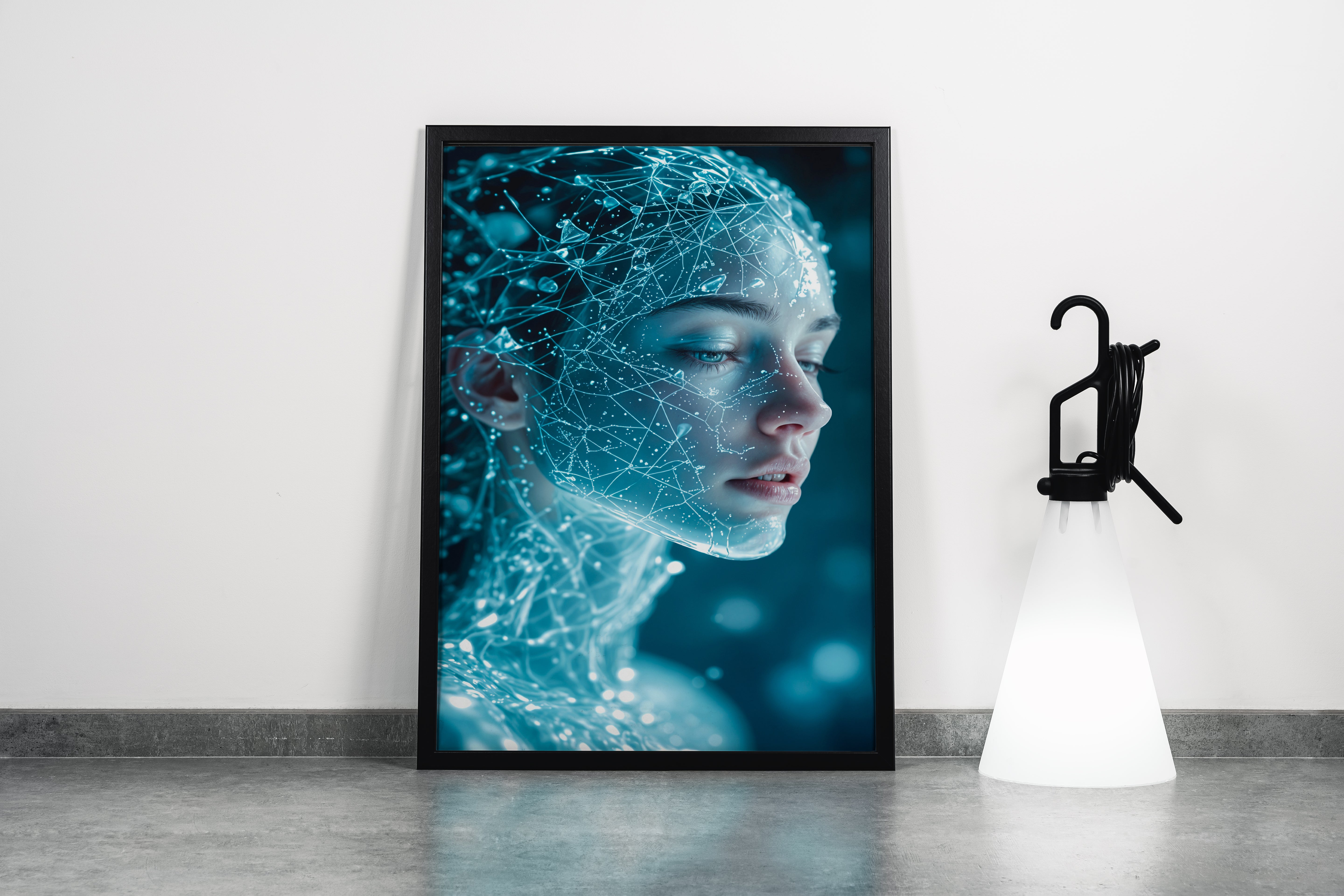 ai creation, a futuristic woman's face made of a glowing blue digital neural network, ai art, art, kanvas tablo