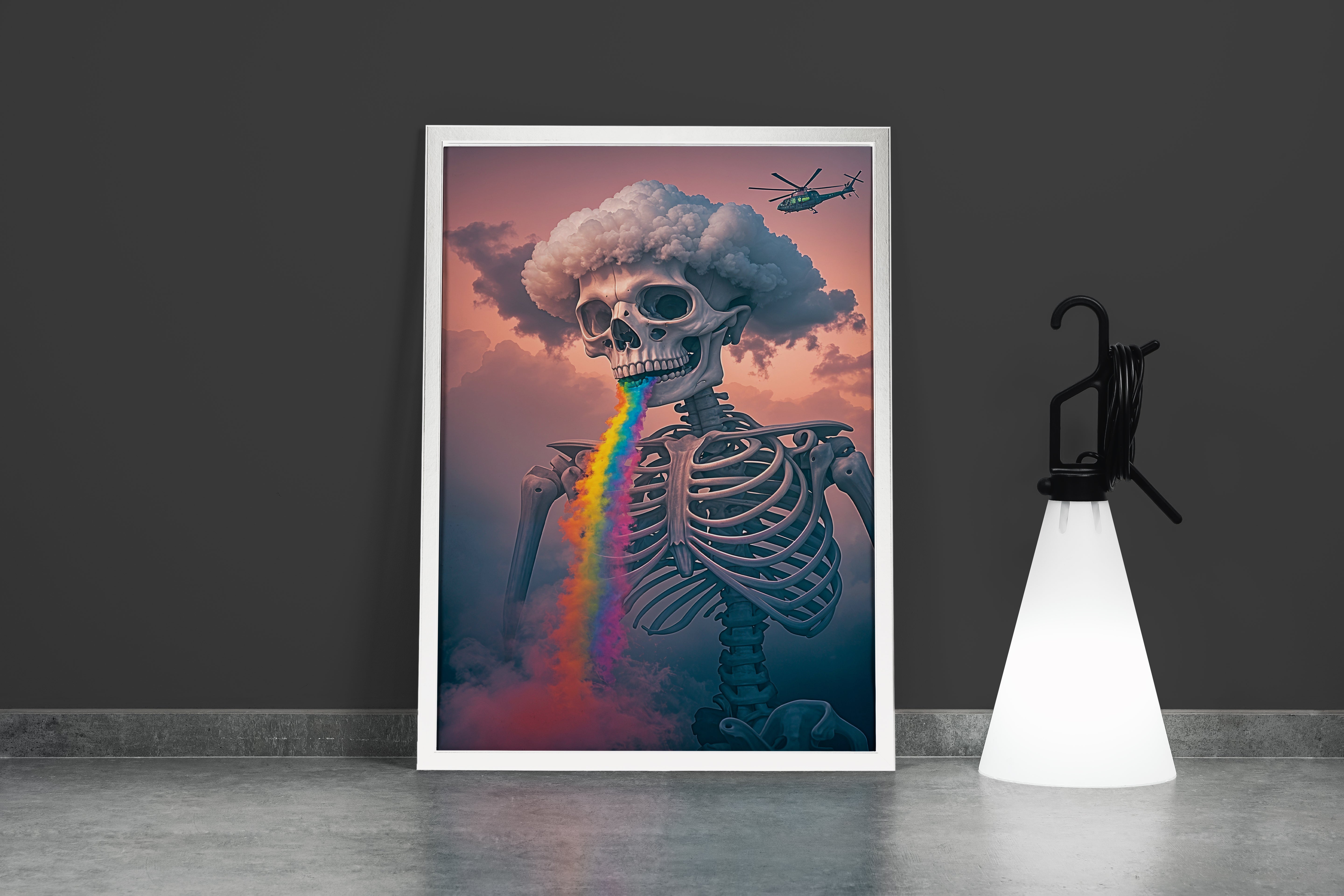 ai creation, skeletor with rainbow colored lava pouring from its mouth, ai art, art, kanvas tablo