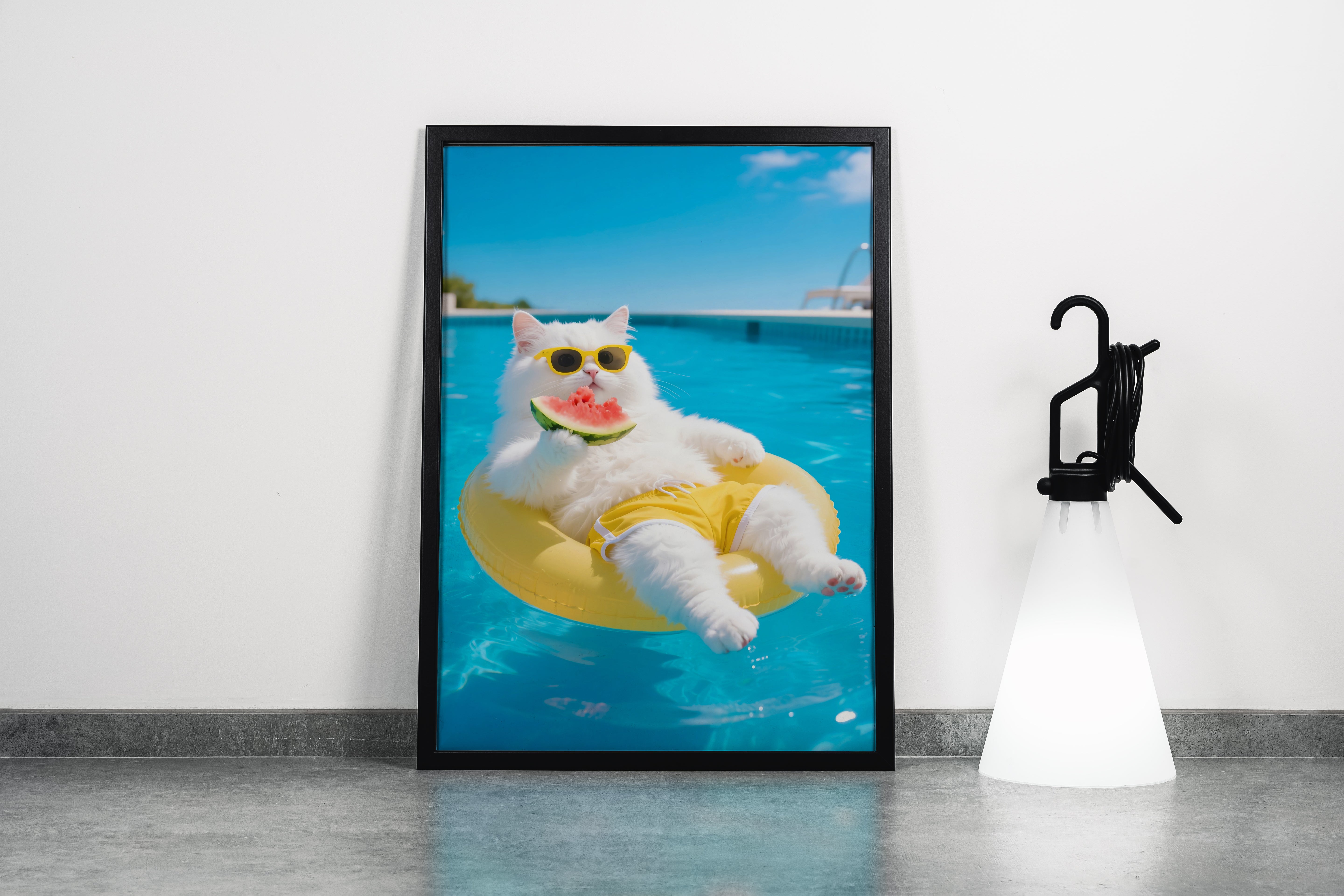 ai creation, cat swimming while eating watermelon, pet, ai art, art, kanvas tablo