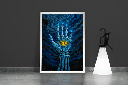 ai creation, the eye sign on the skeleton hand, art, kanvas tablo