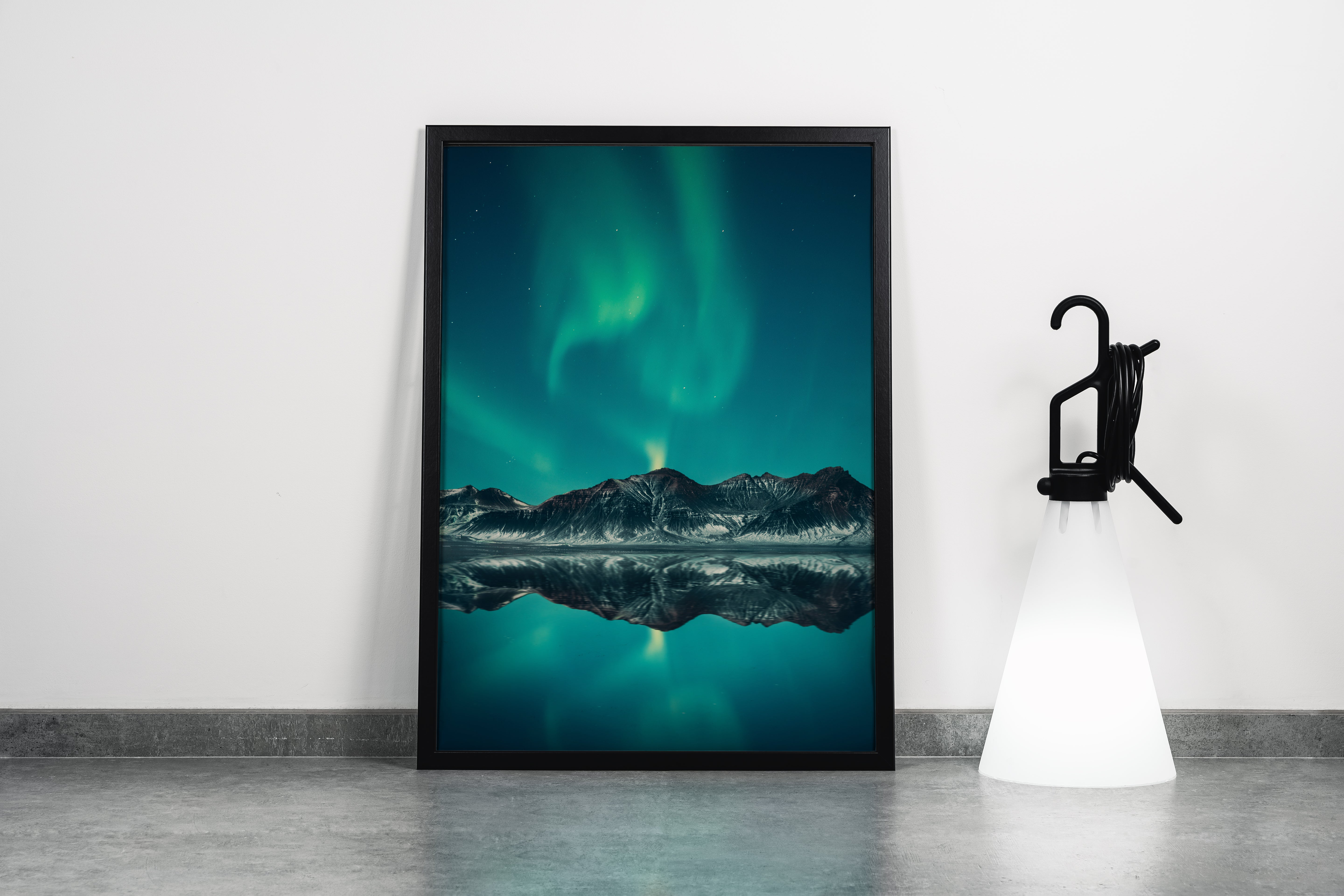 a green aurora dancing over mountains, perfectly reflected in a still lake, art, kanvas tablo