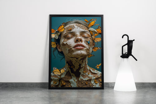 ai creation, a surreal portrait of a woman, her cracking skin releasing monarch butterflies, ai art, art, kanvas tablo