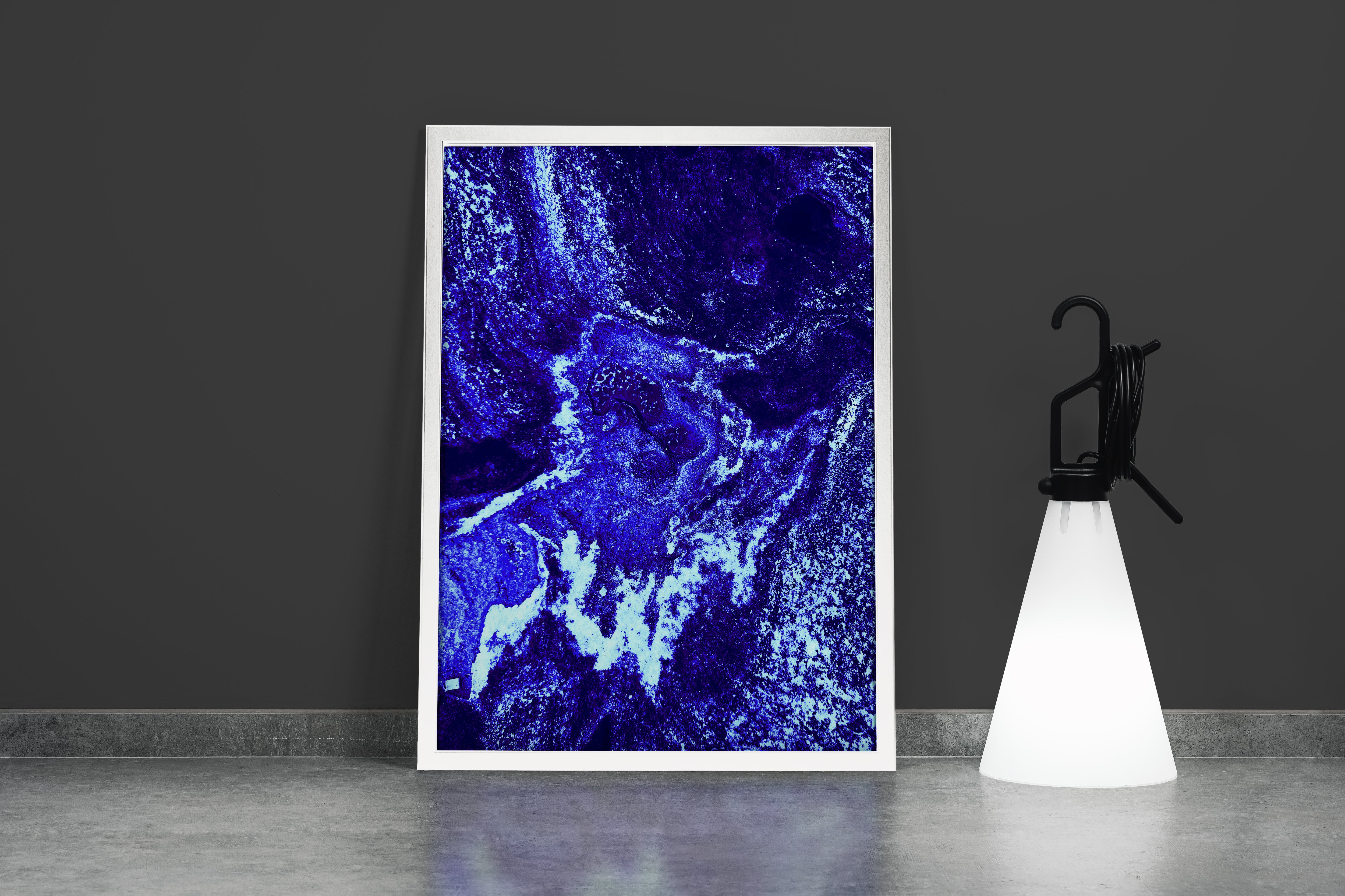 a vibrant abstract image of a deep electric blue and white cosmic rock landscape, abstract, art, kanvas tablo