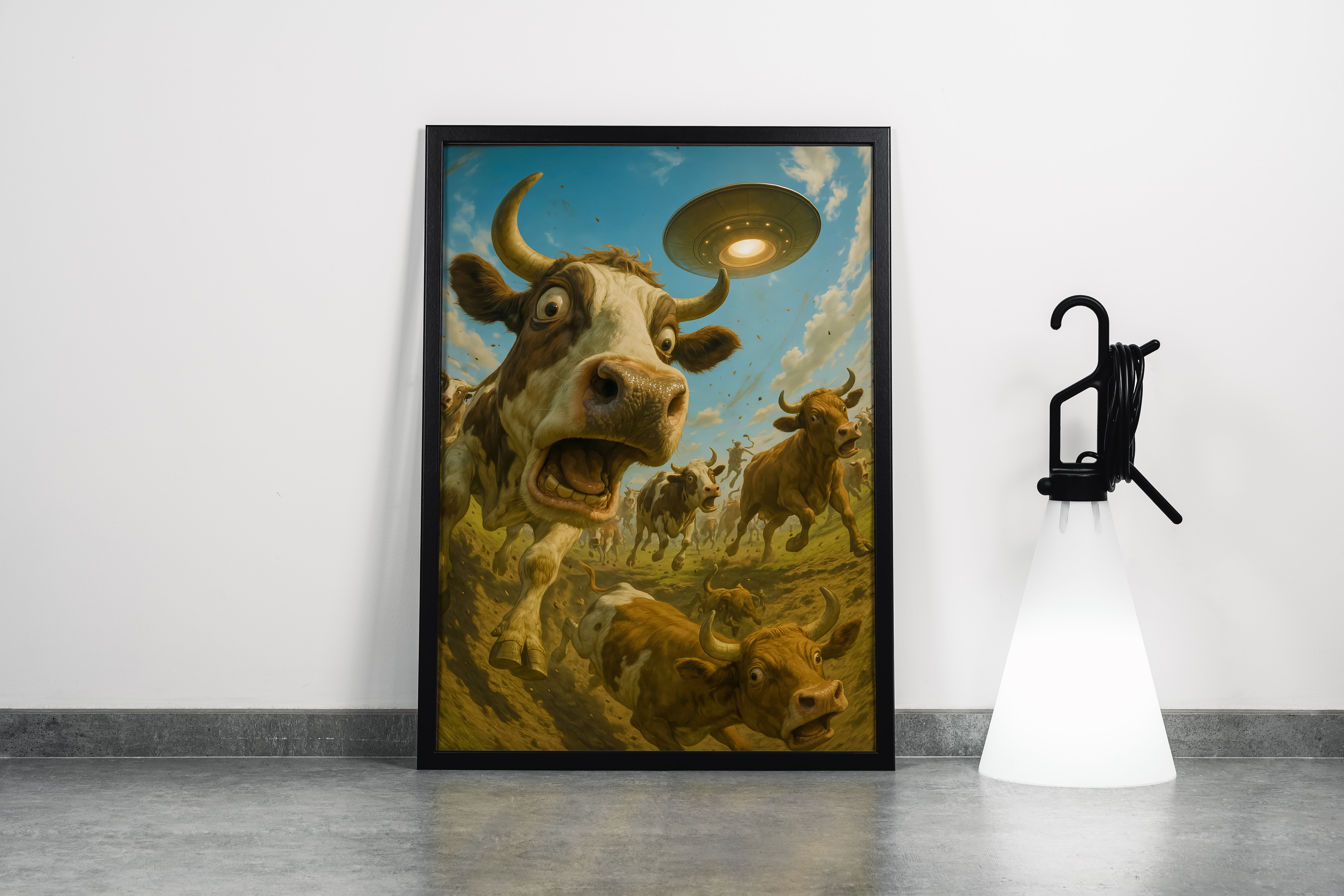 ai creation, cows escaping alien attack, ai art, art, kanvas tablo
