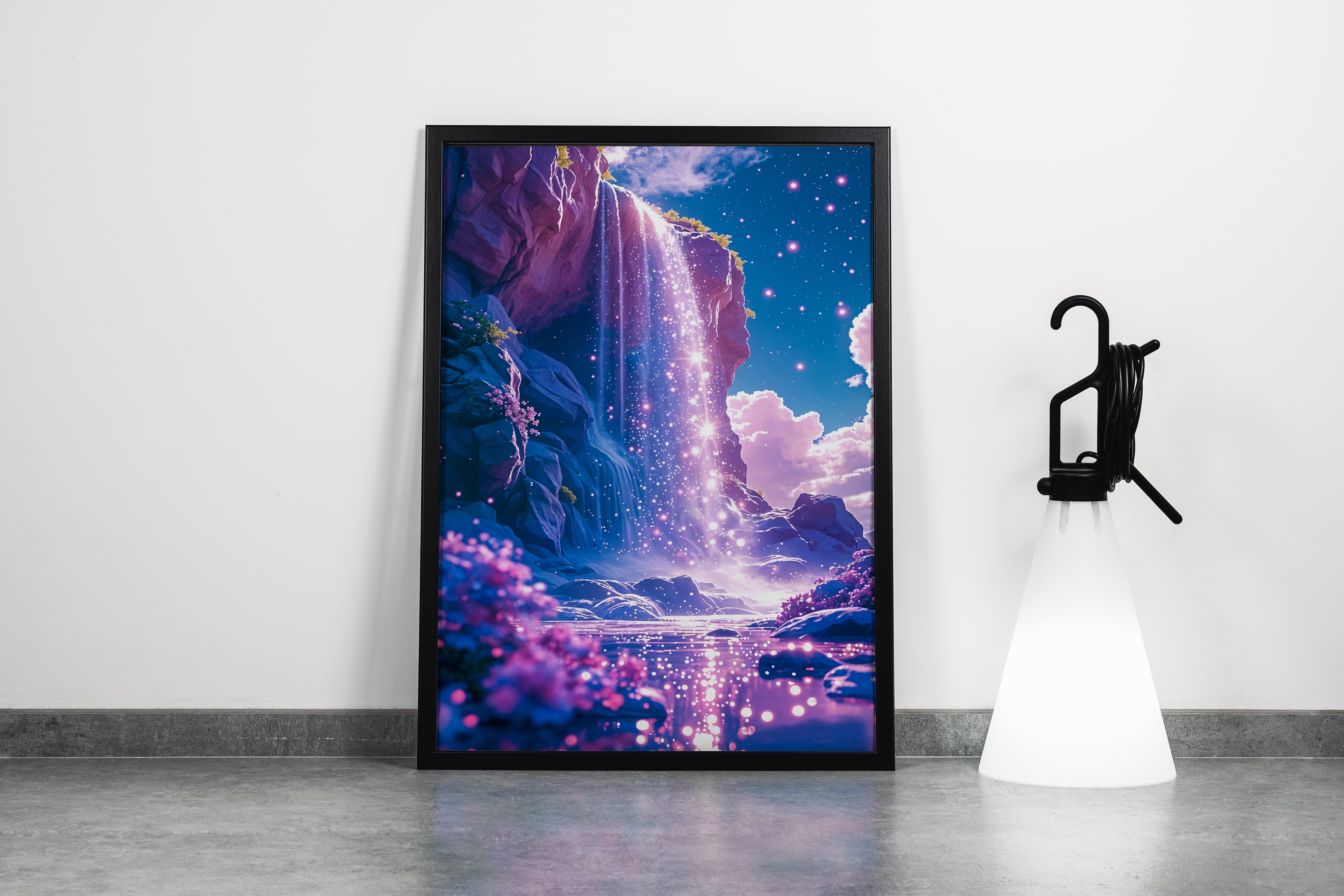 ai creation, purple waterfall with stars flowing, purple and its shades themed, ai art, art, kanvas tablo