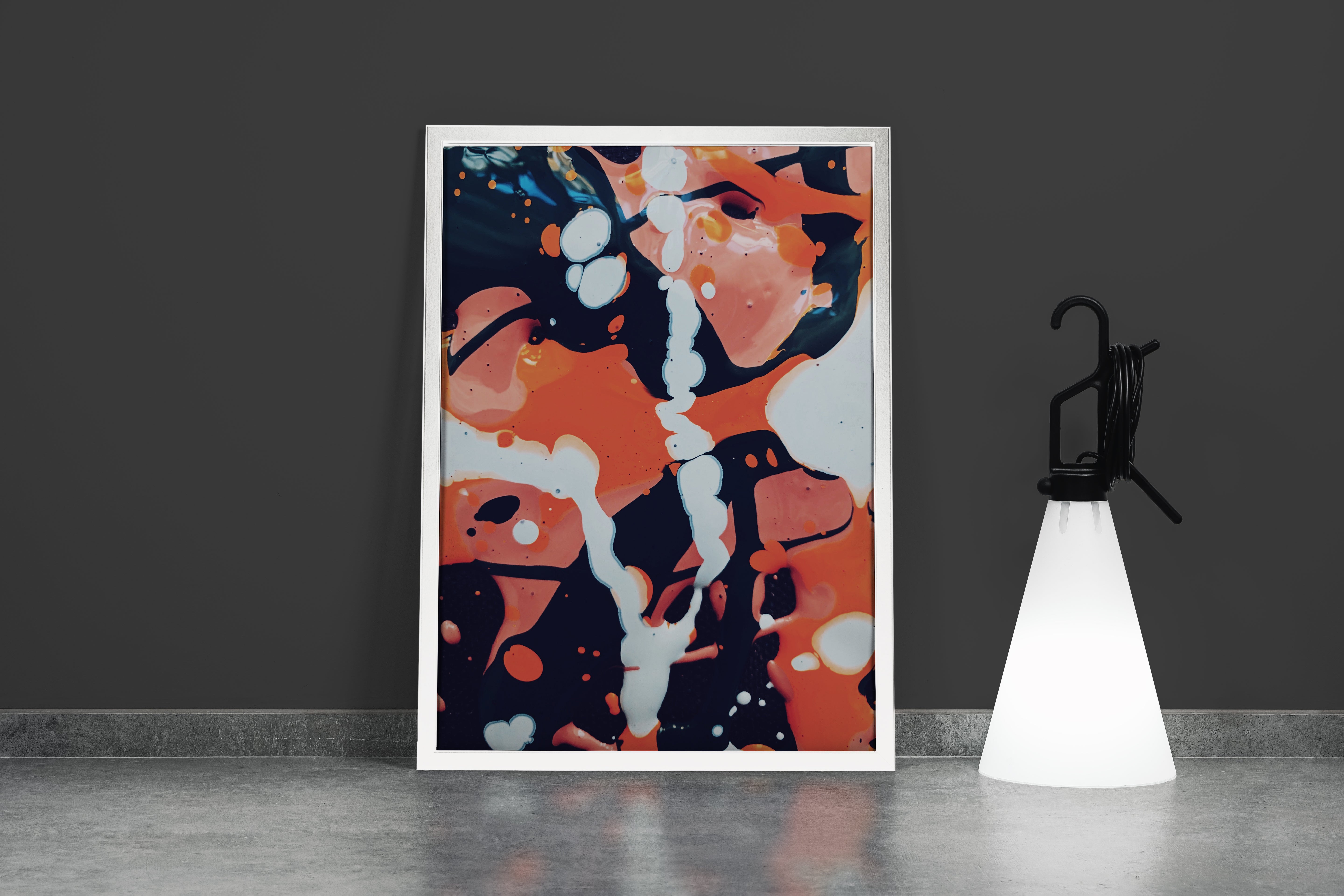 vibrant abstract art with dynamic splashes of orange and white paint on a dark background, abstract, art, kanvas tablo
