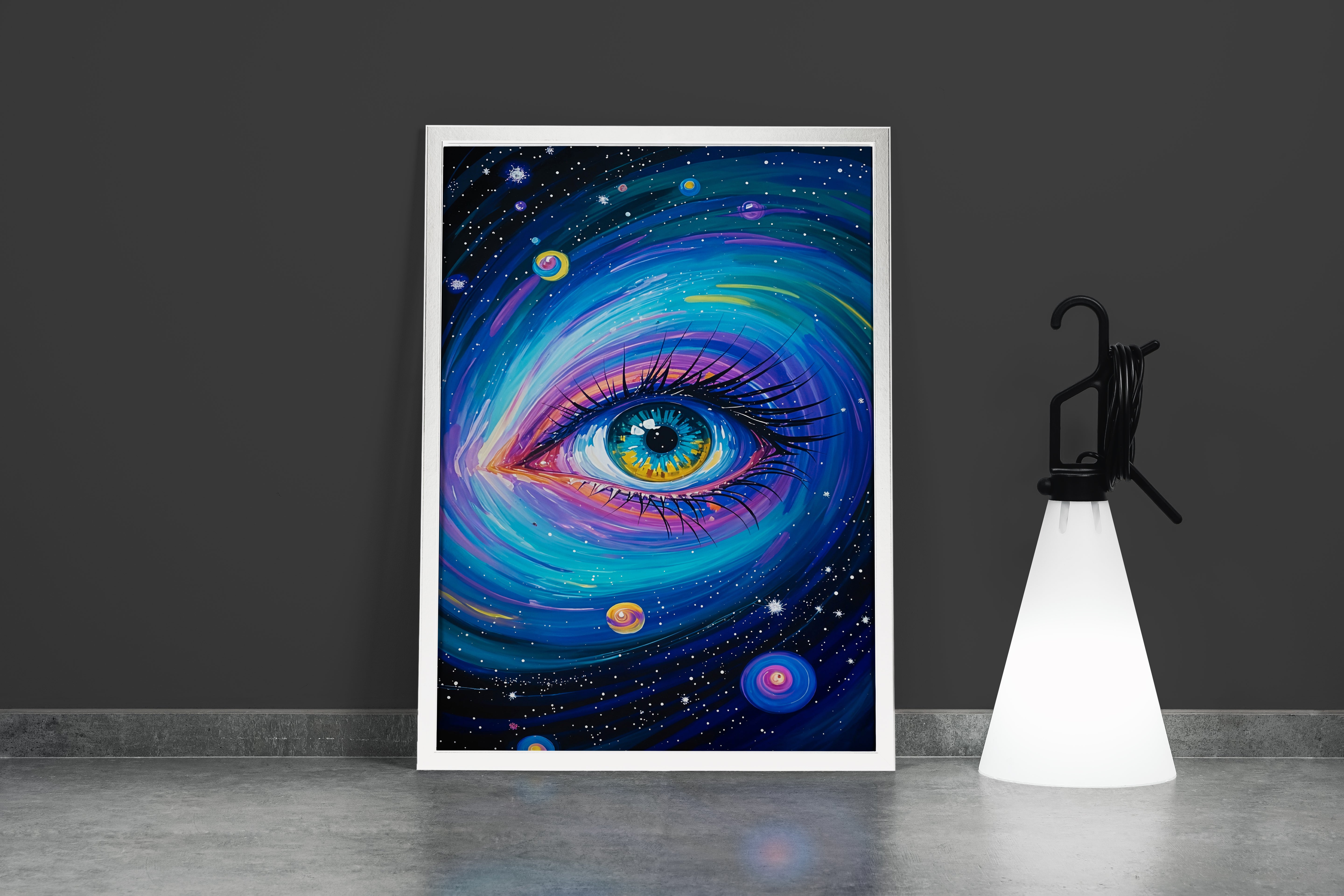 ai creation, a colorful eye in the middle of the planets, ai art, art, kanvas tablo