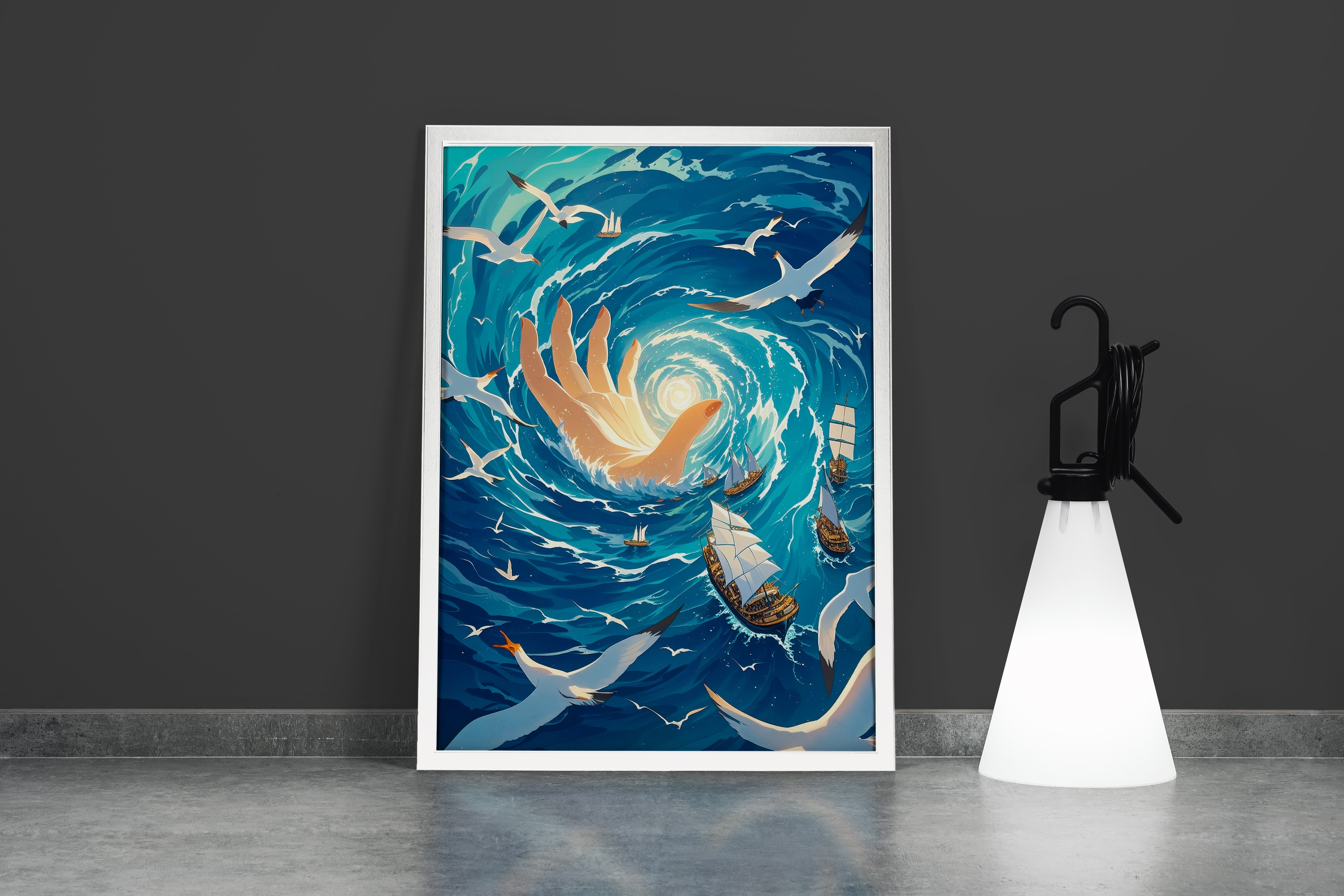 ai creation, a giant glowing hand creating a whirlpool in the sea with ships, ai art, art, kanvas tablo