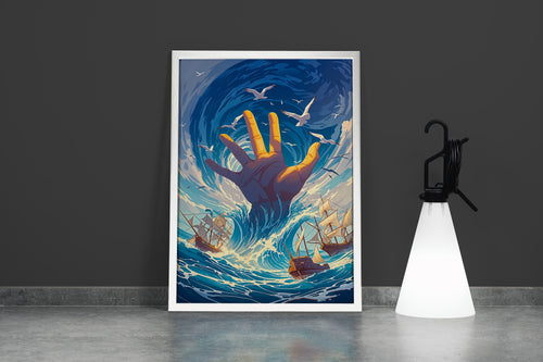 ai creation, a giant glowing golden hand rising from a turbulent sea of ships, ai art, art, kanvas tablo