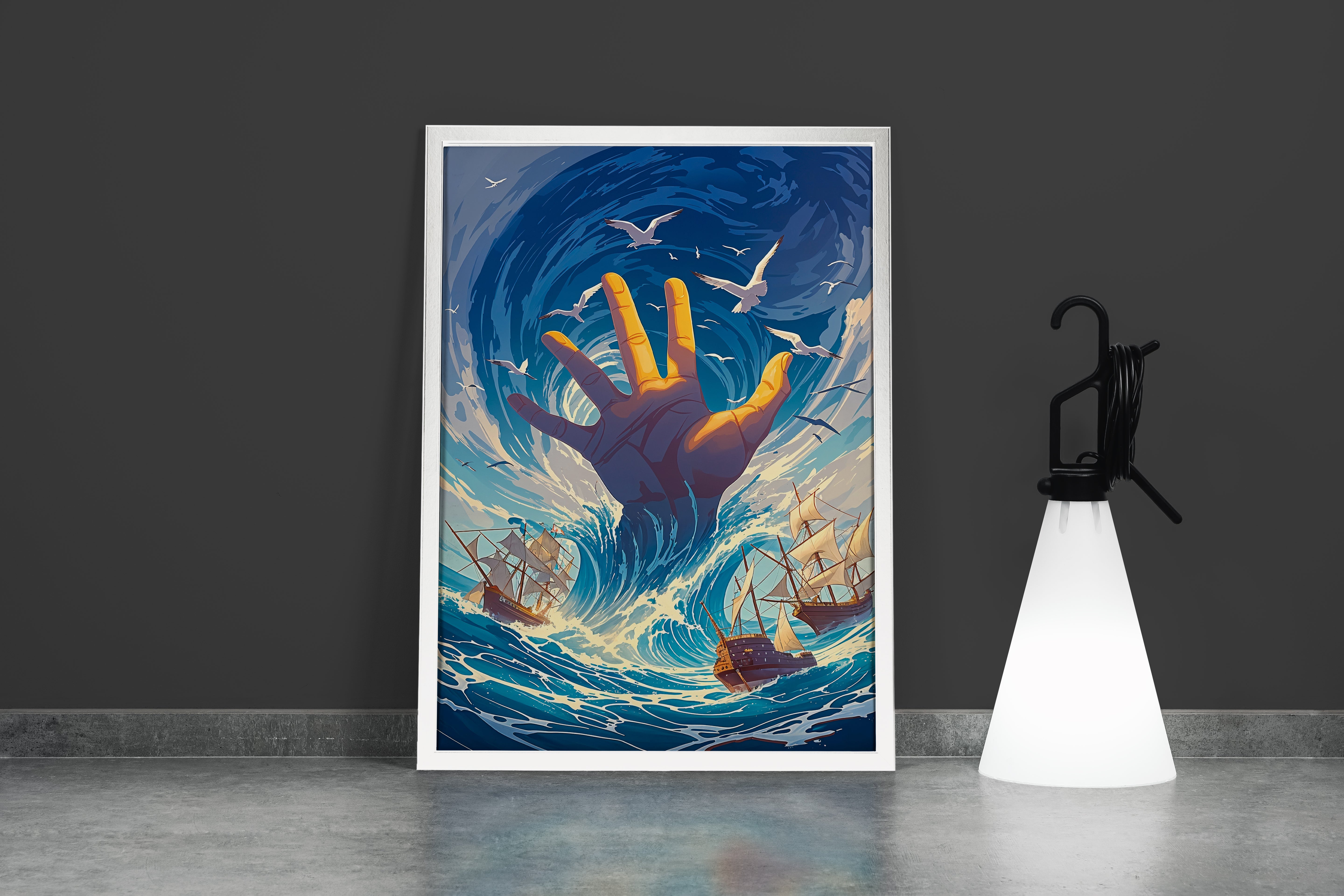 ai creation, a giant glowing golden hand rising from a turbulent sea of ships, ai art, art, kanvas tablo