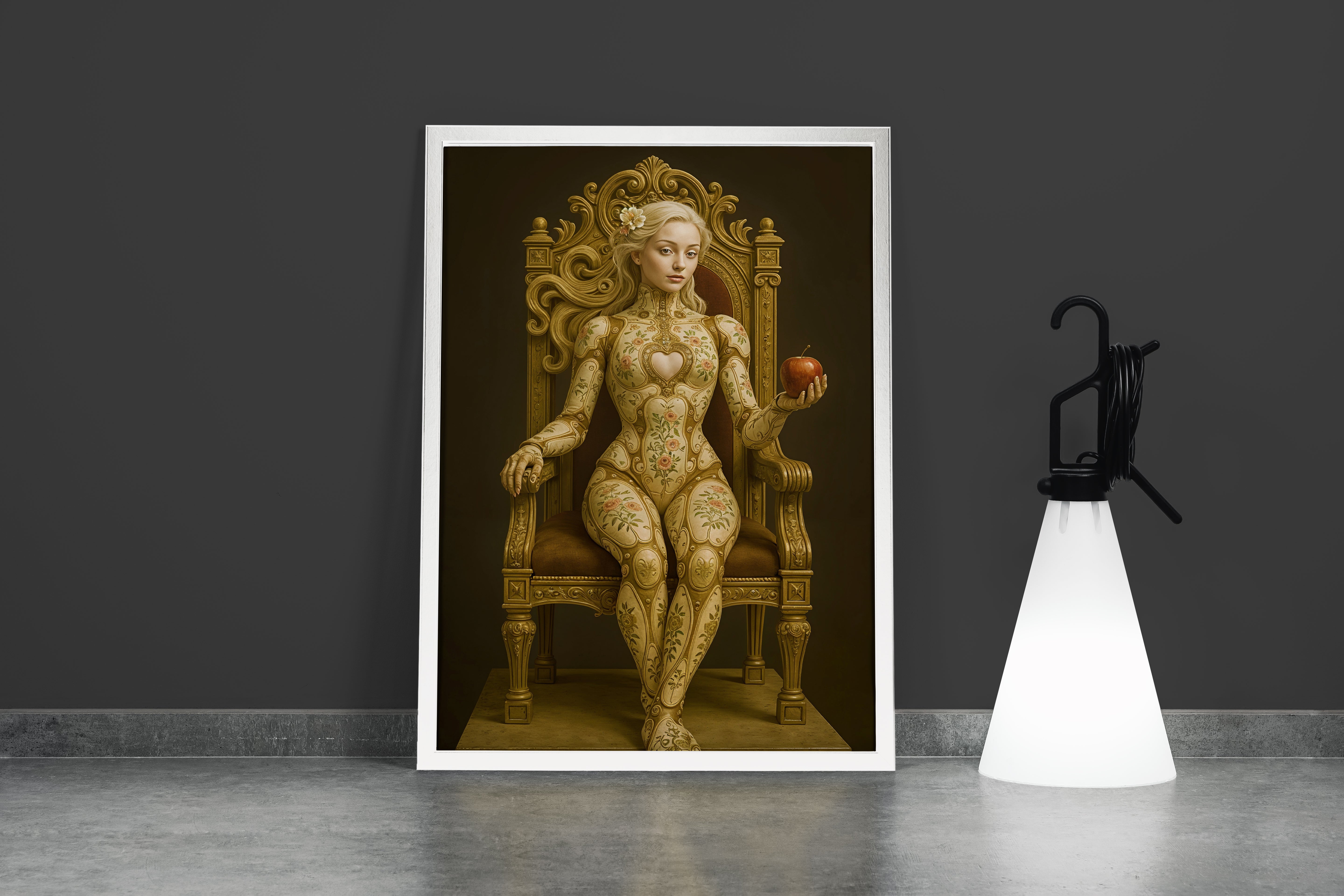 ai creation, a porcelain automaton eve on a gold throne holding a red apple, ai art, art, kanvas tablo