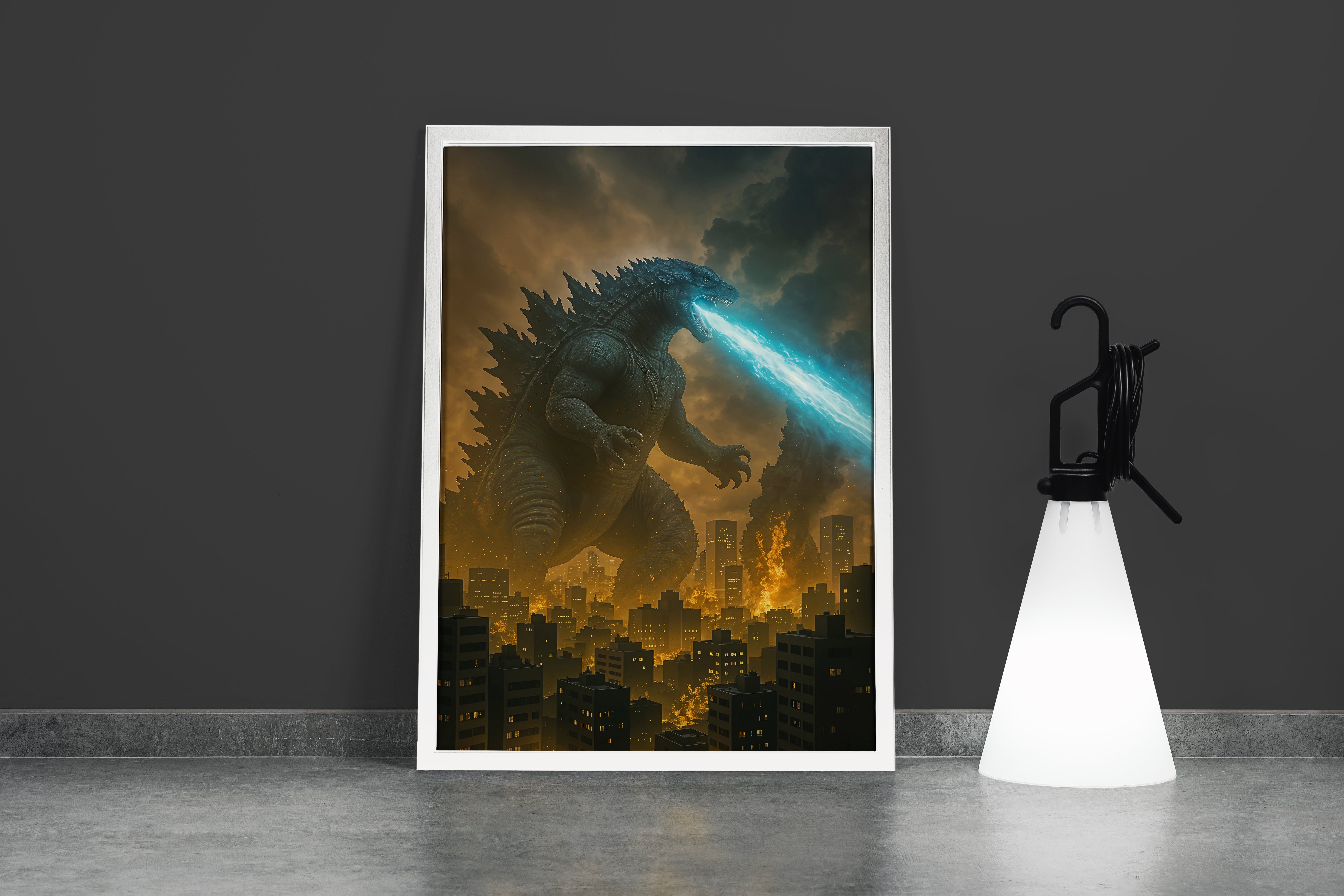 ai creation, godzilla attack, ai art, art, kanvas tablo