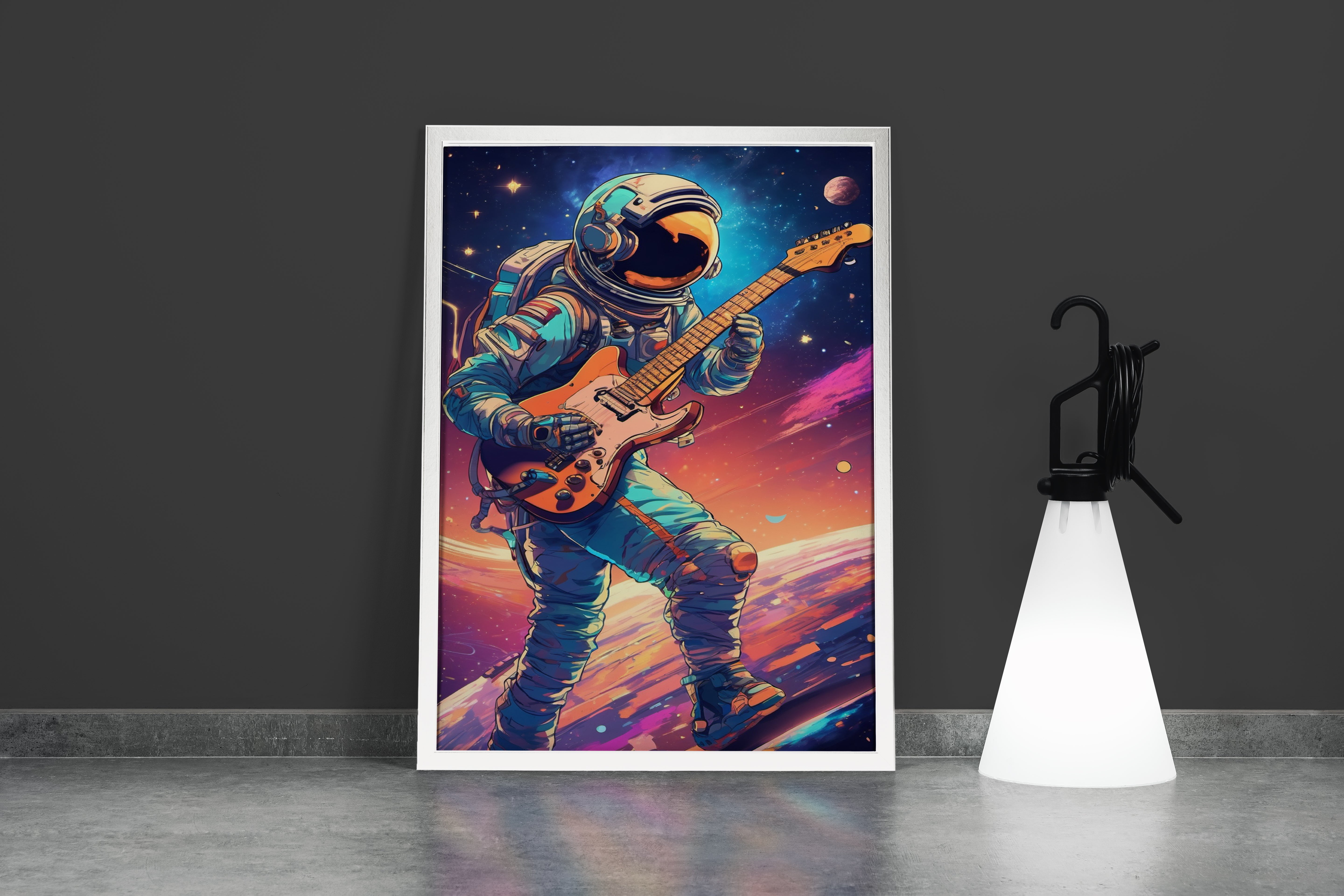 ai creation, astronaut playing guitar in space model 4, orange theme, ai art, art, kanvas tablo