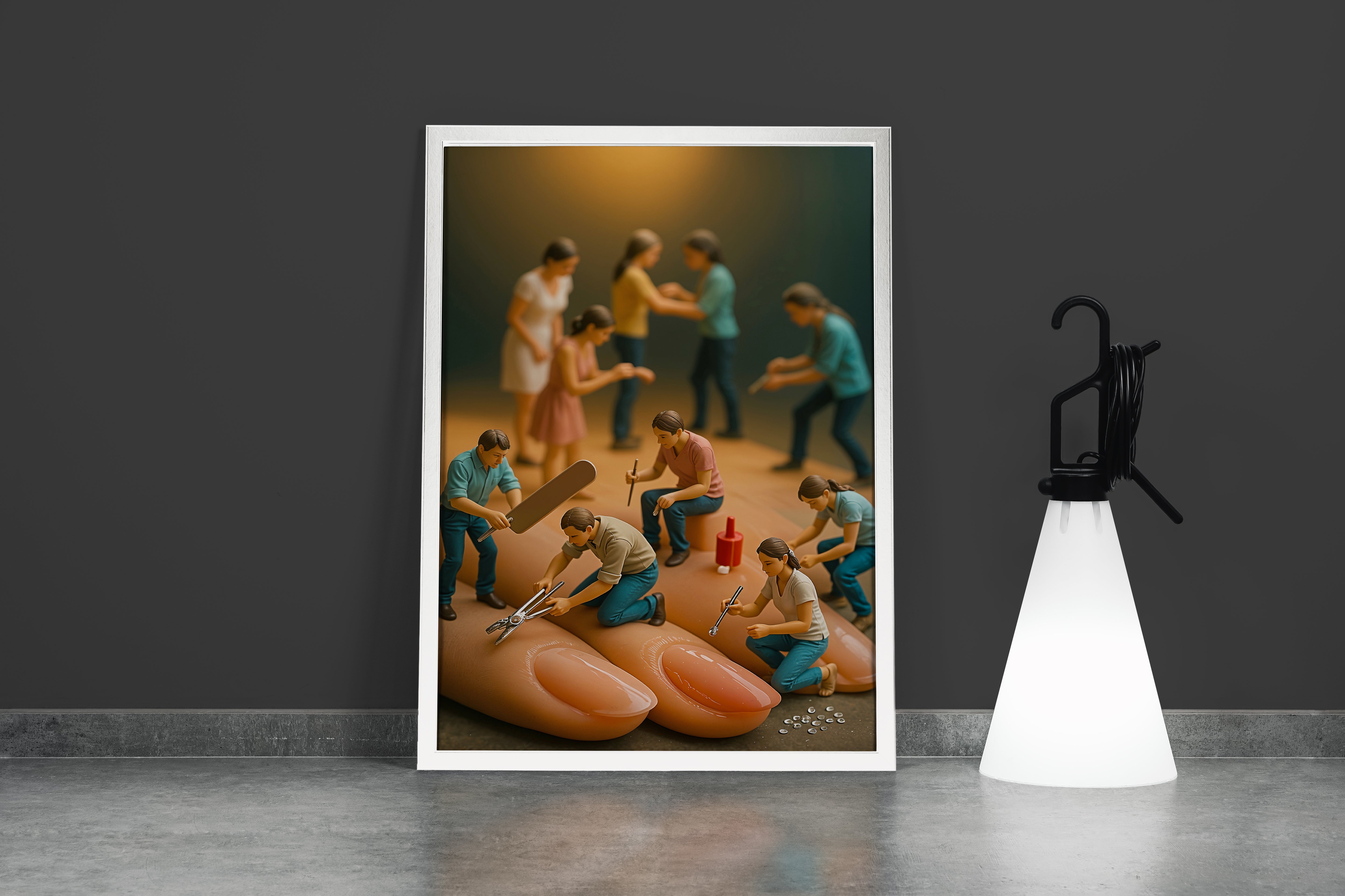 ai creation, miniature nail workers, ai art, art, kanvas tablo