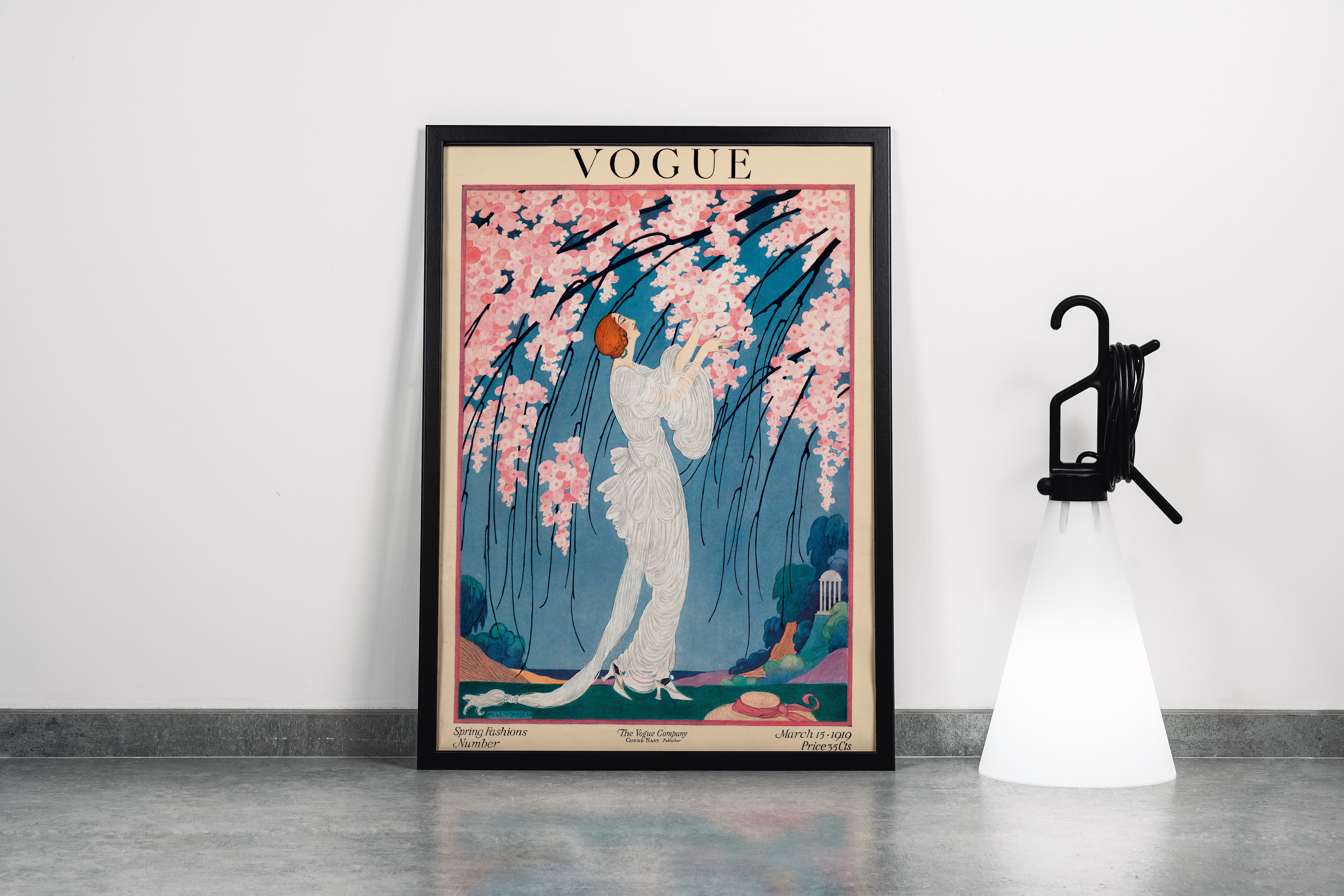 a vintage art nouveau vogue cover of a woman under pink blossoms, art, kanvas tablo