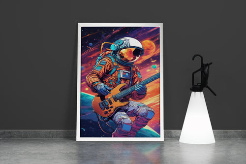 ai creation, astronaut playing guitar in space model 3, orange theme, ai art, art, kanvas tablo