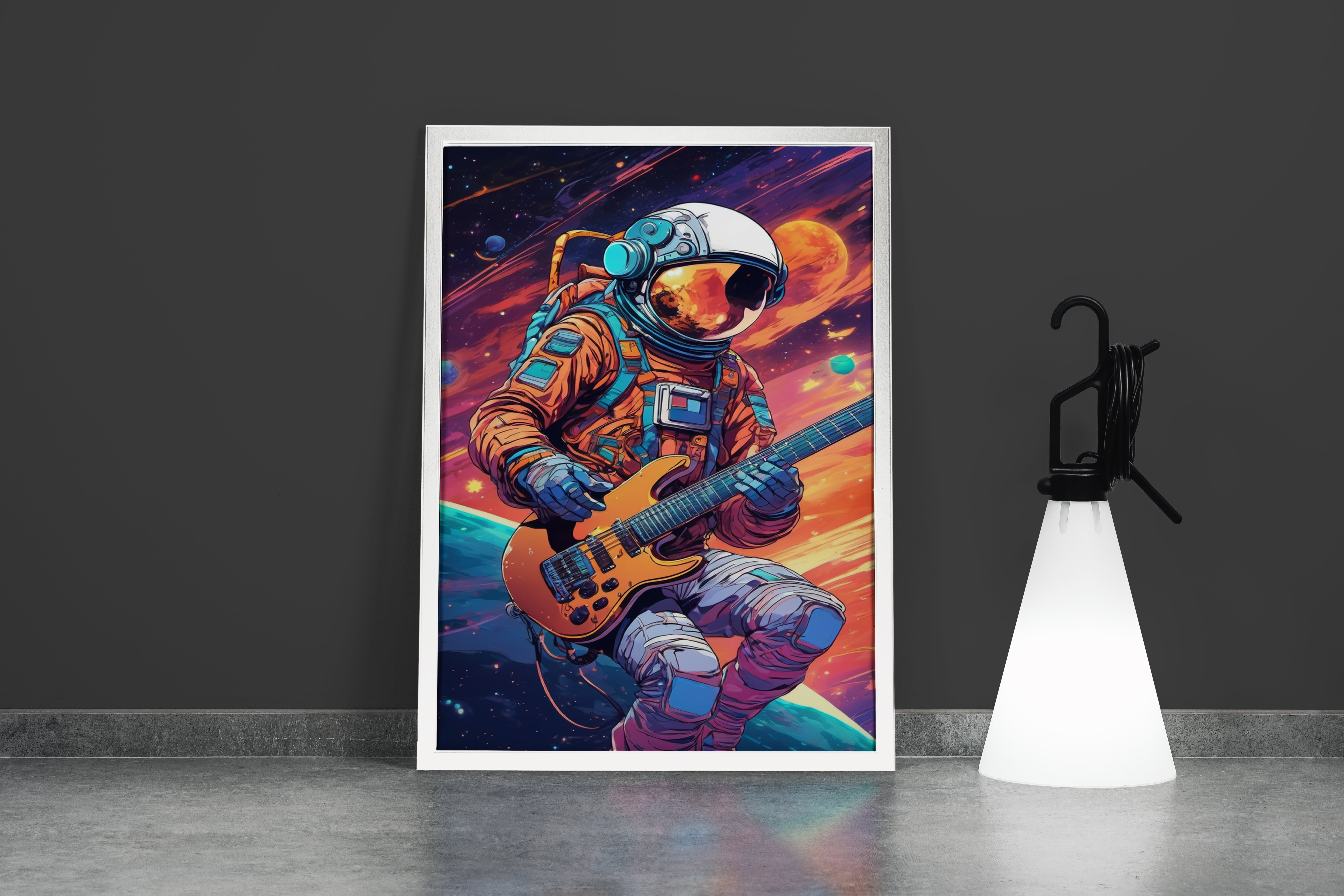 ai creation, astronaut playing guitar in space model 3, orange theme, ai art, art, kanvas tablo