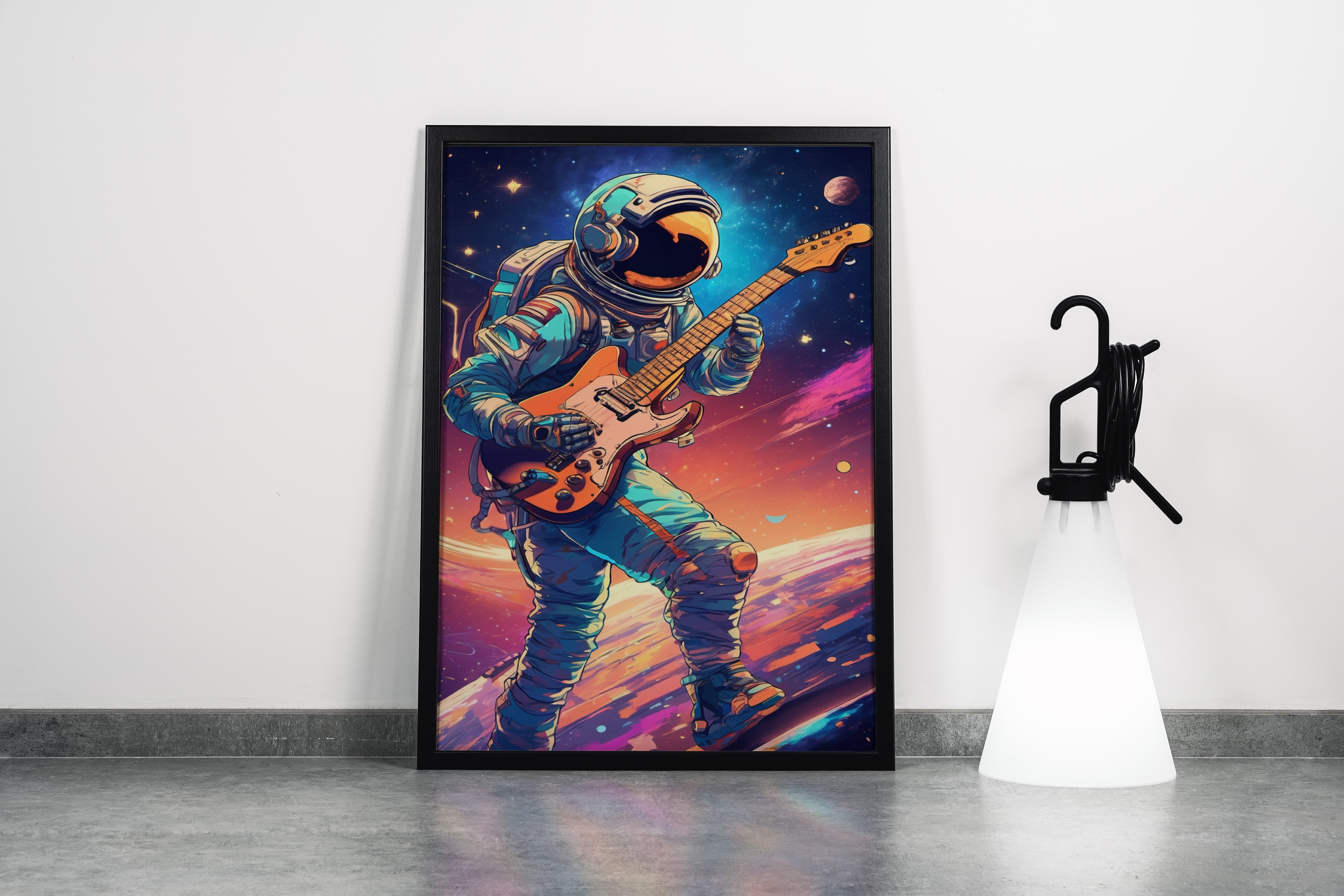 ai creation, astronaut playing guitar in space model 4, orange theme, ai art, art, kanvas tablo