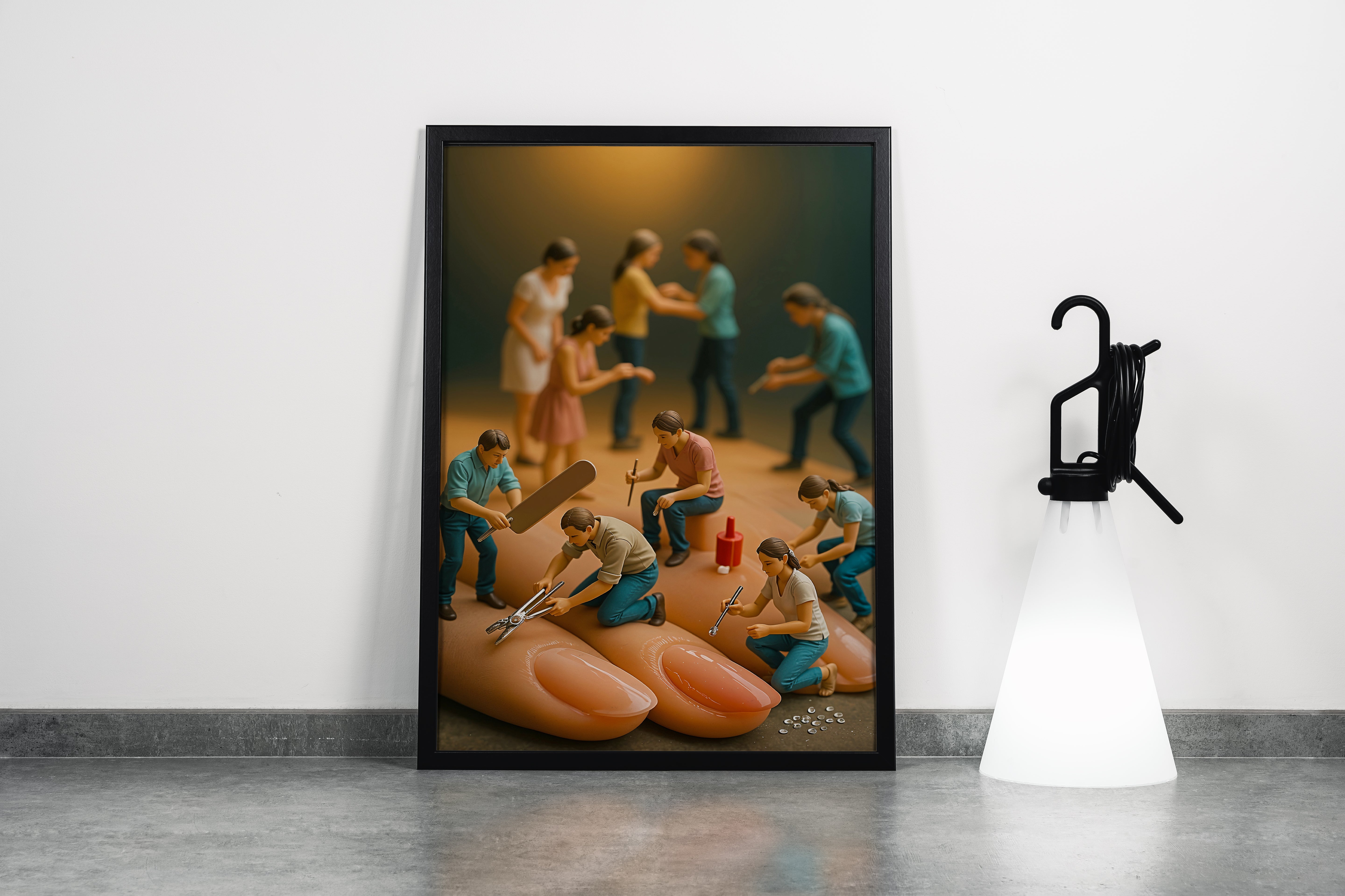 ai creation, miniature nail workers, ai art, art, kanvas tablo