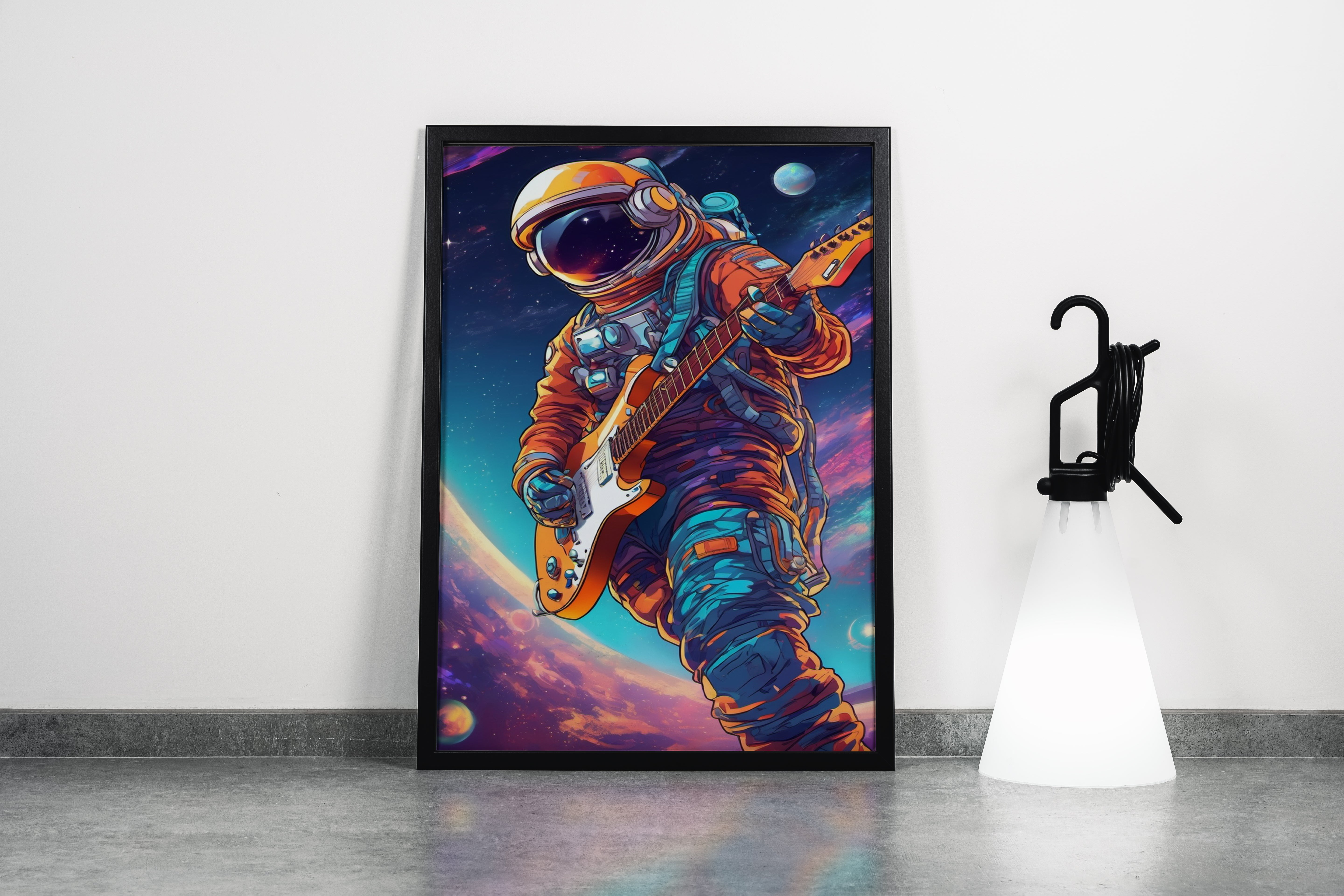 ai creation, astronaut playing guitar in space model 2, orange theme, ai art, art, kanvas tablo