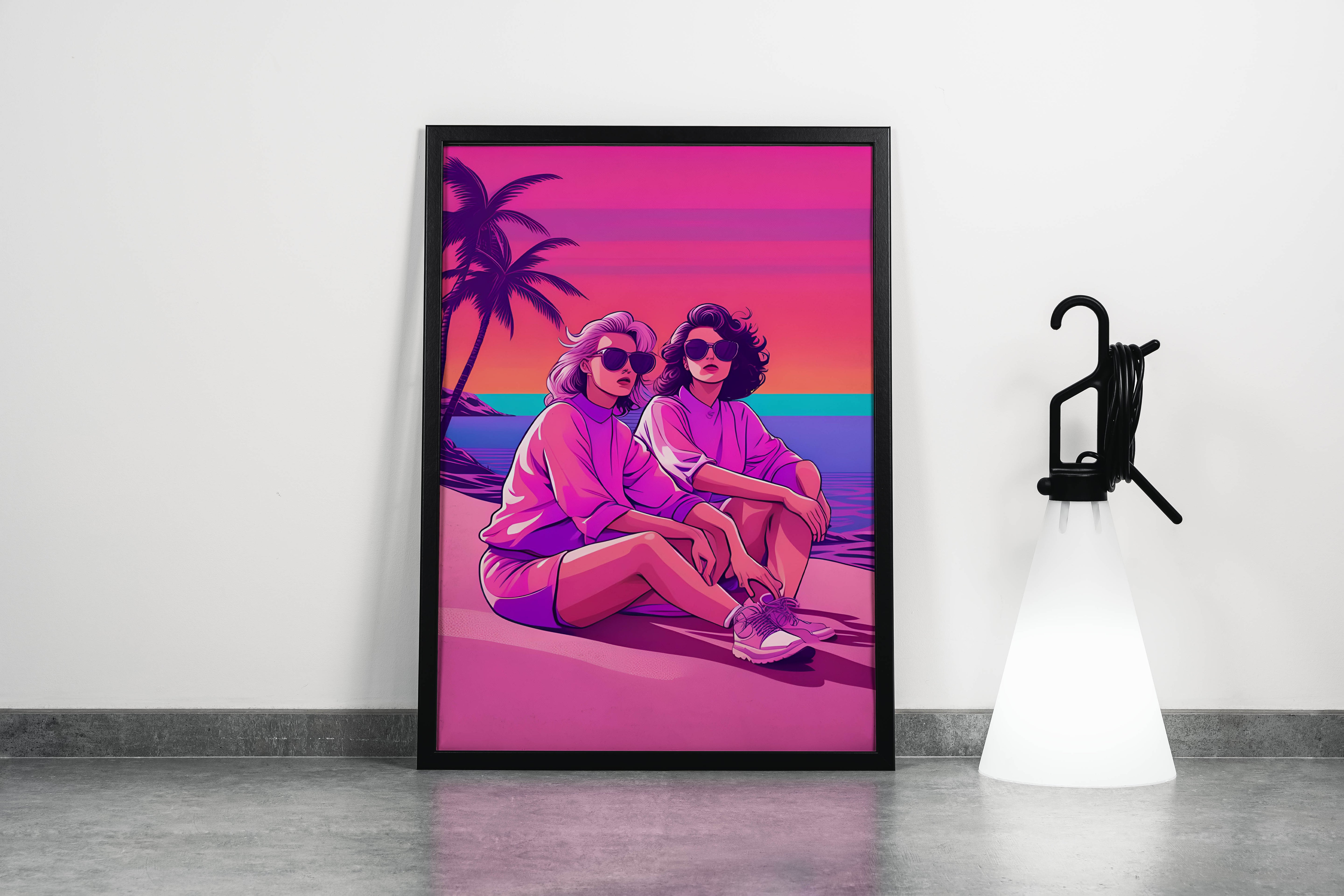 retrowave vogue, pop art, palm, sunshine, sitting on the beach, art, kanvas tablo