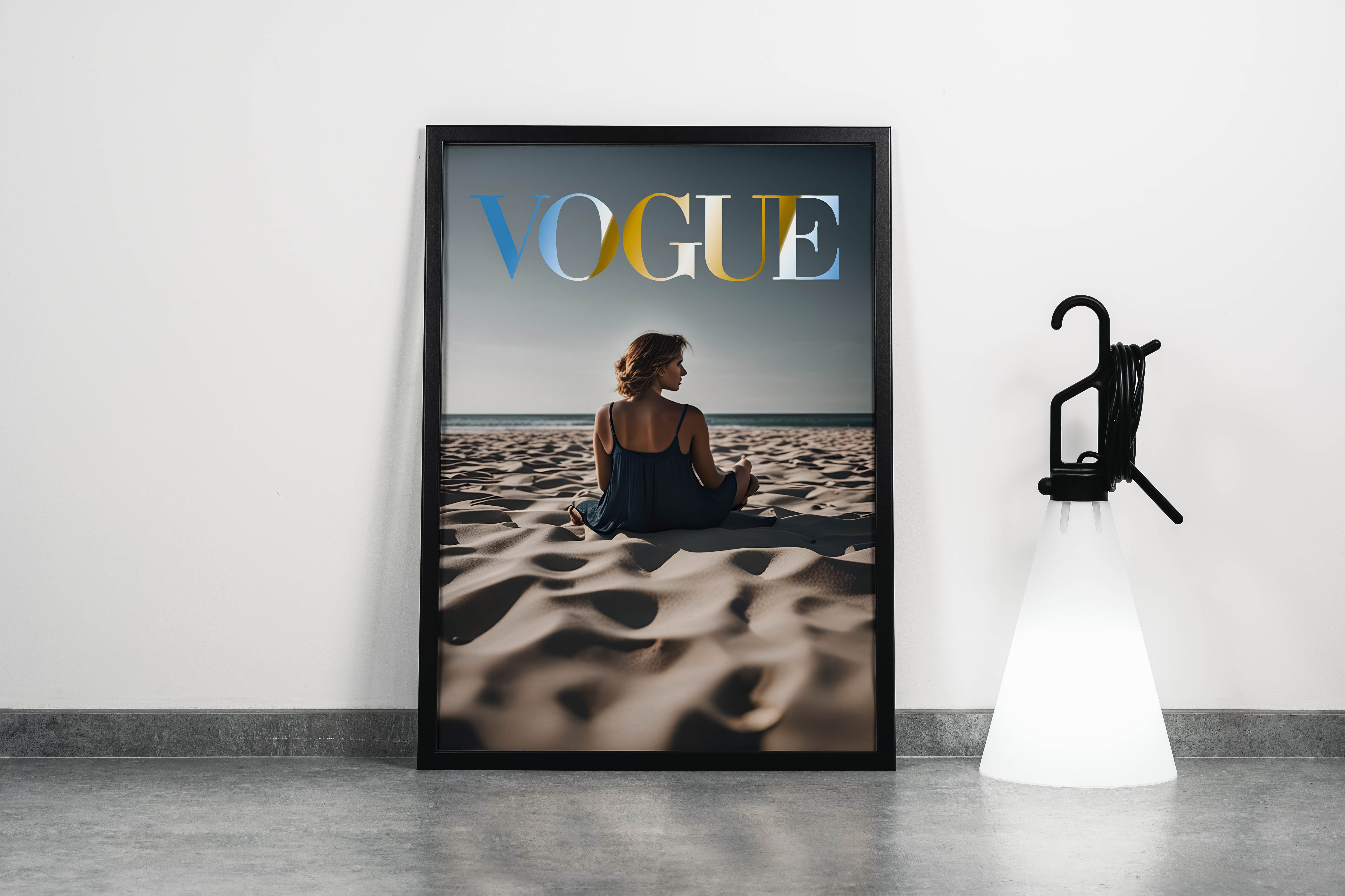 ai creation vogue, beauty, sitting on the beach, art, kanvas tablo