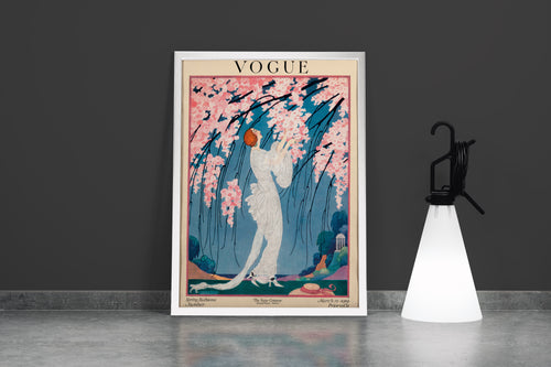 a vintage art nouveau vogue cover of a woman under pink blossoms, art, kanvas tablo