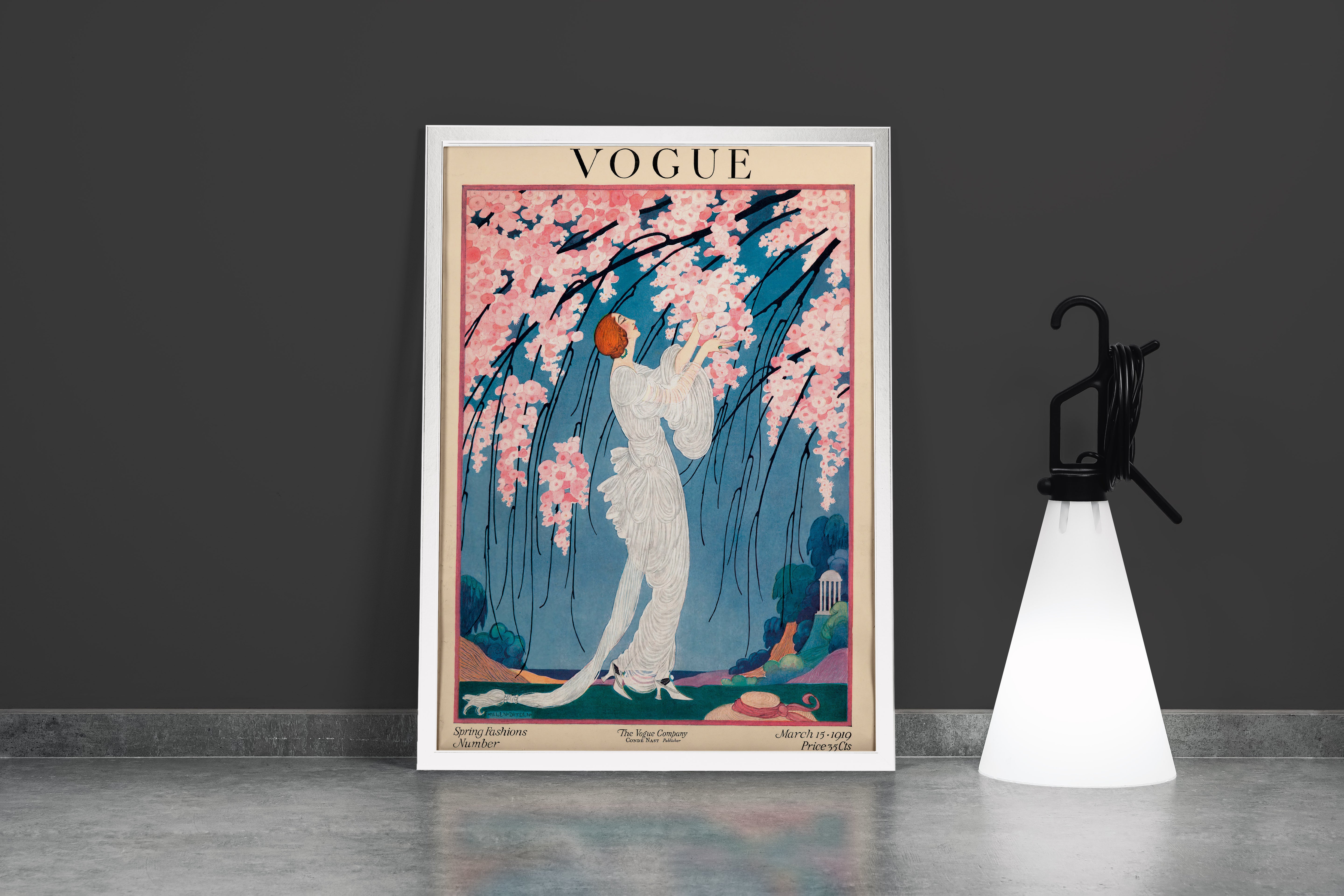 a vintage art nouveau vogue cover of a woman under pink blossoms, art, kanvas tablo