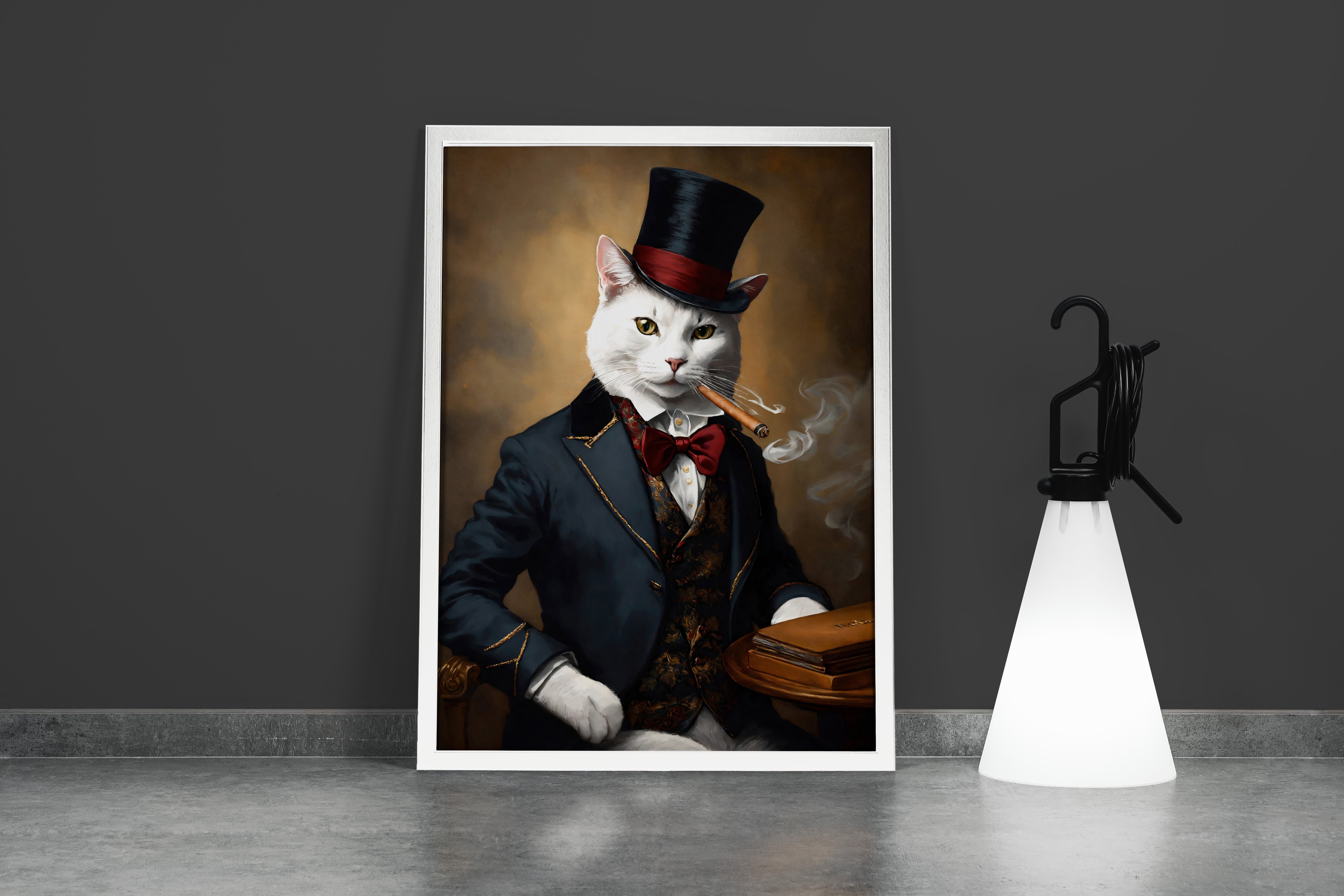 cat in a hat smoking a cigar, smoke, pet, art, kanvas tablo