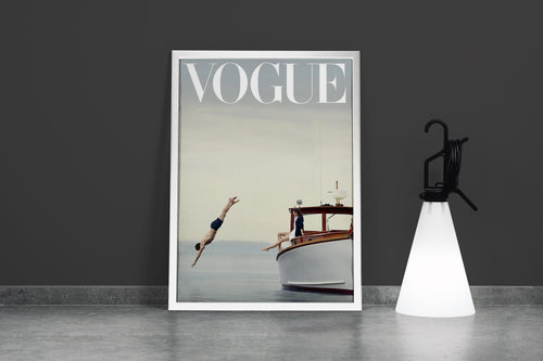 a vogue cover of a man diving off a classic boat as a woman watches, art, kanvas tablo