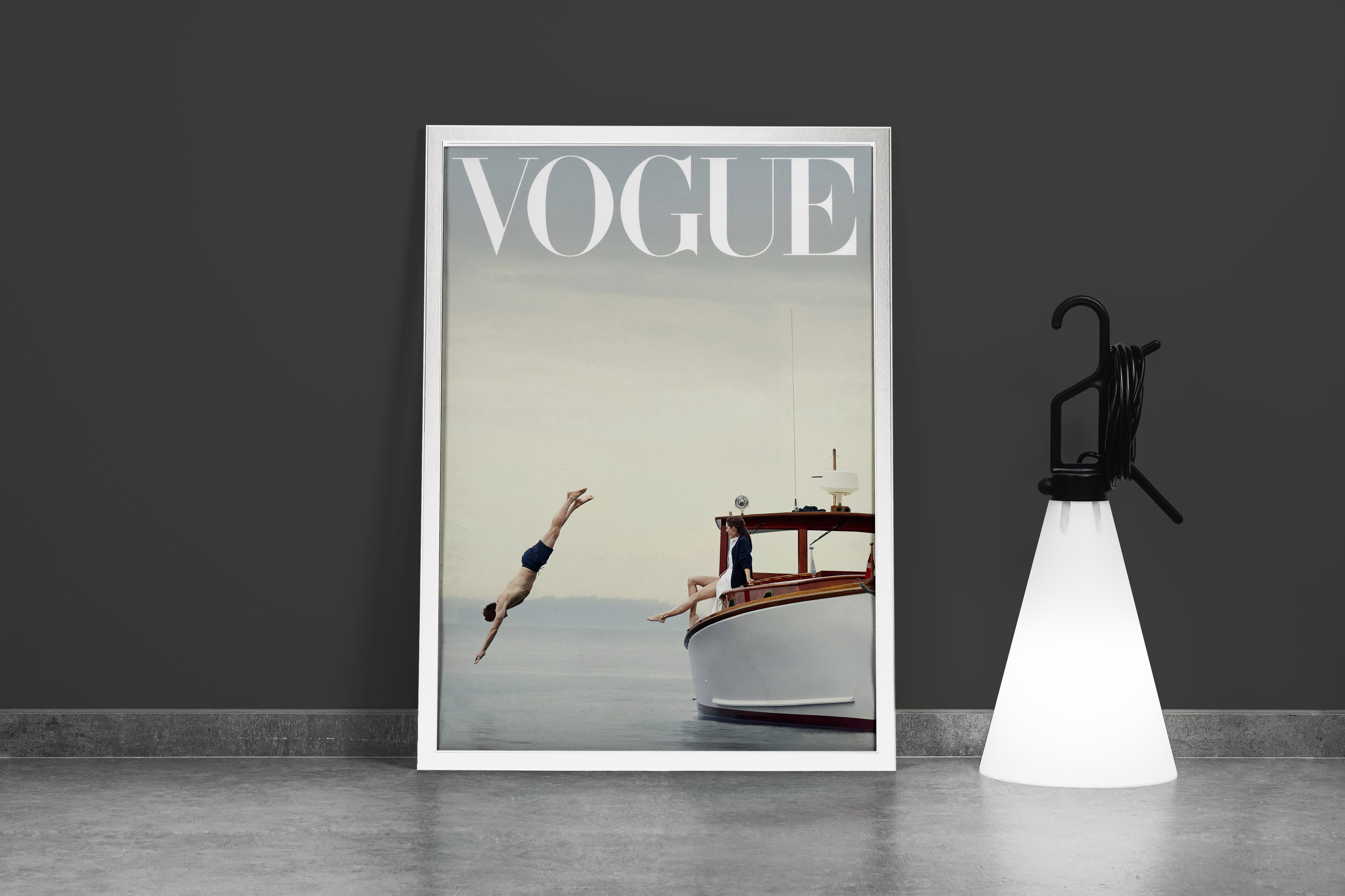 a vogue cover of a man diving off a classic boat as a woman watches, art, kanvas tablo