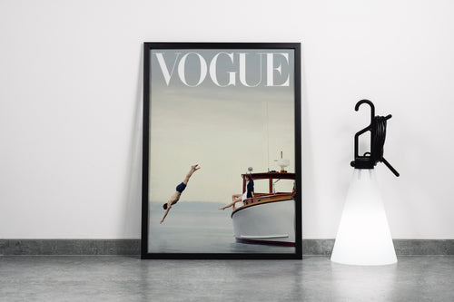 a vogue cover of a man diving off a classic boat as a woman watches, art, kanvas tablo