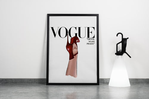 a minimalist vogue cover illustration of a red heel as a devil's hood, art, kanvas tablo