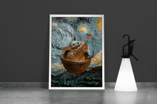 baby yoda painted in the style of van gogh's the starry night, art, kanvas tablo