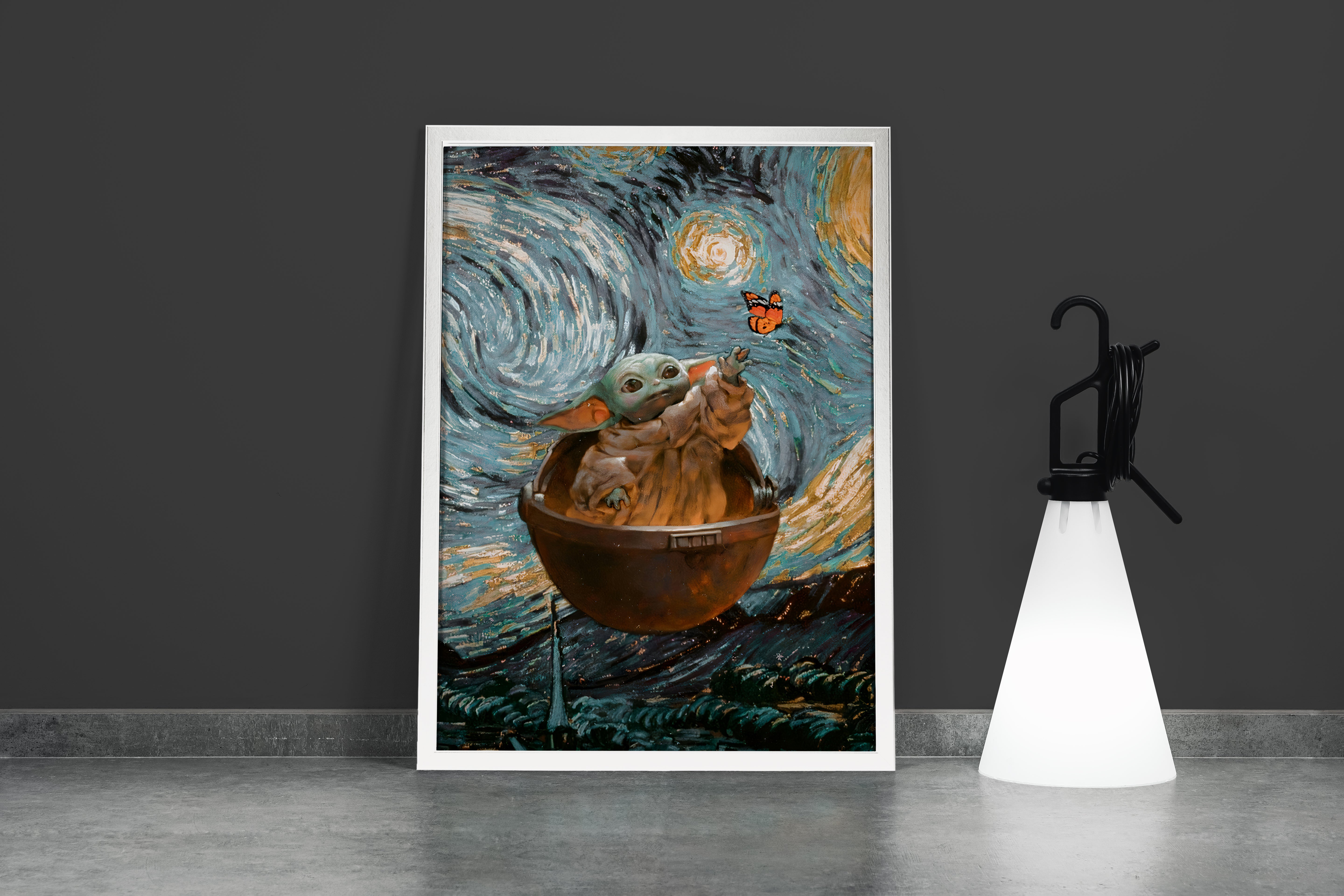 baby yoda painted in the style of van gogh's the starry night, art, kanvas tablo