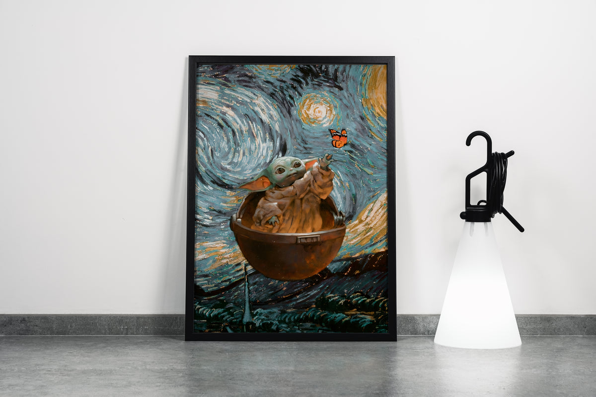 baby yoda painted in the style of van gogh's the starry night, art, kanvas tablo