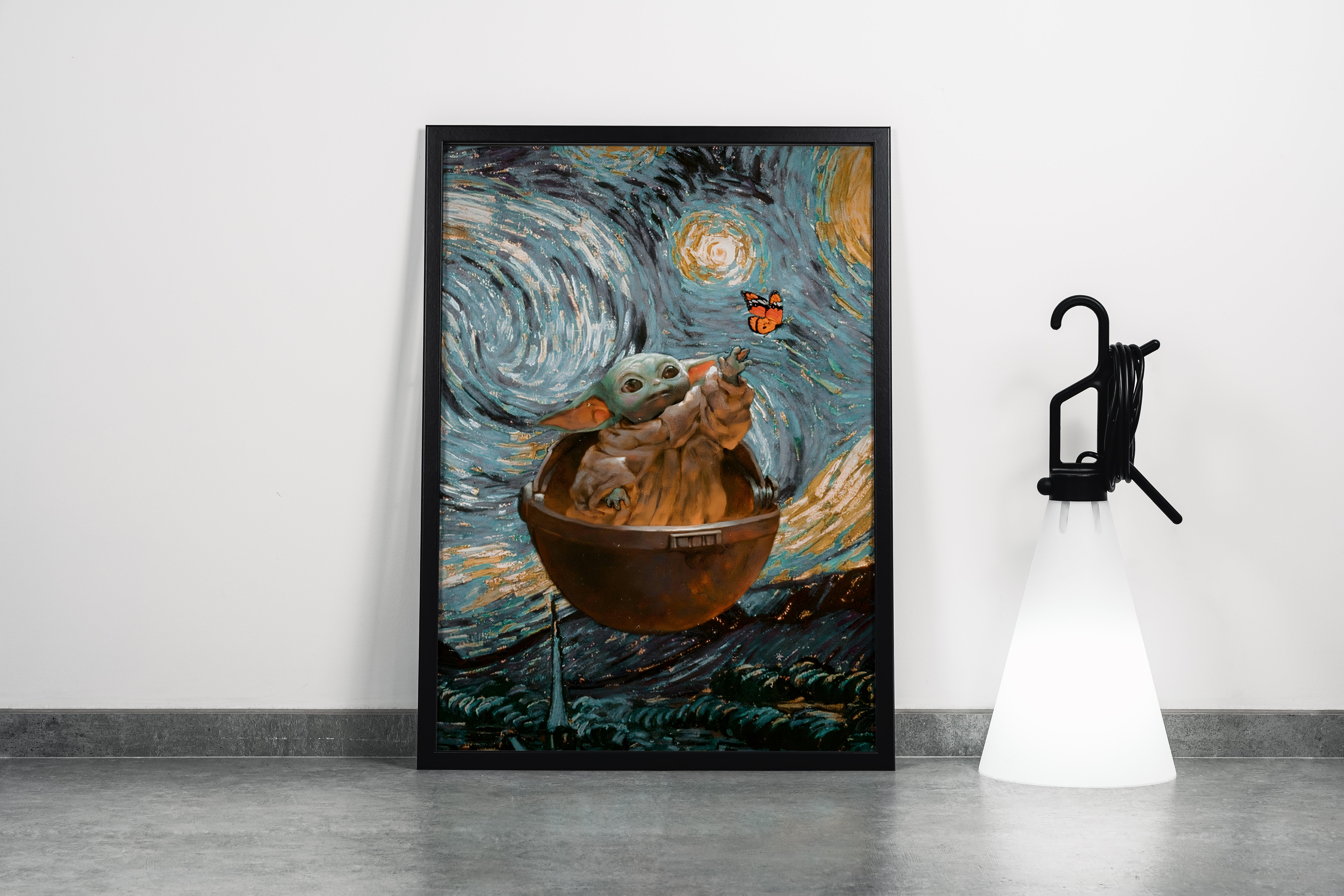 baby yoda painted in the style of van gogh's the starry night, art, kanvas tablo