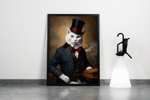 cat in a hat smoking a cigar, smoke, pet, art, kanvas tablo